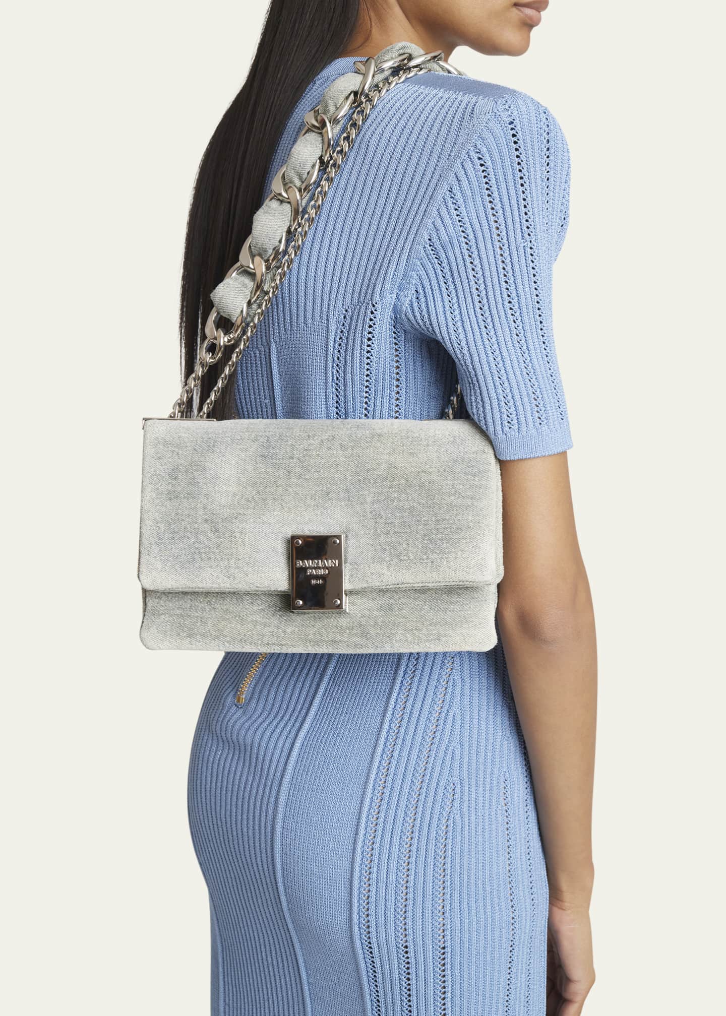 Balmain 1945 Soft Faded Denim Shoulder Bag