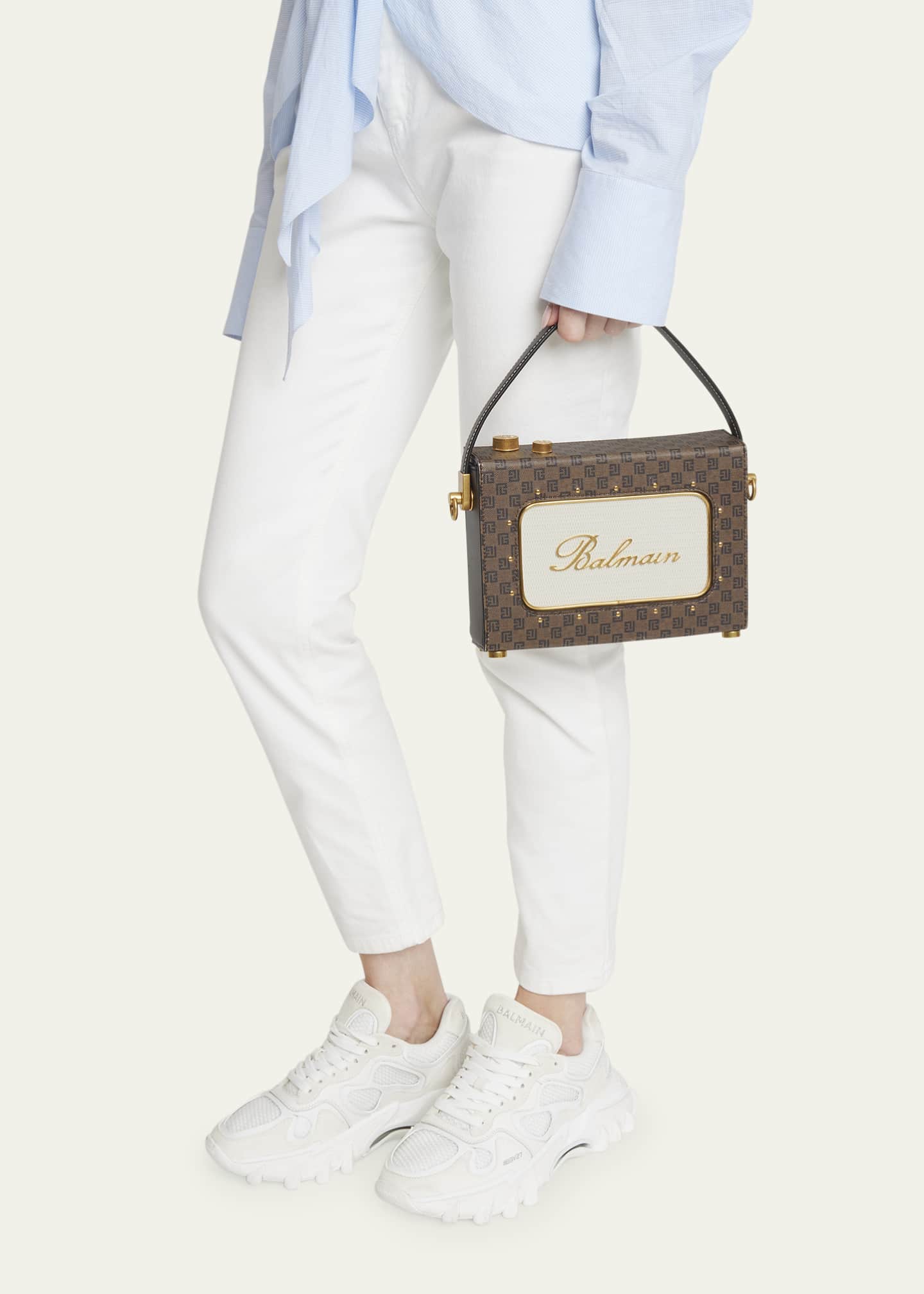 Balmain Radio Monogram Crossbody Bag in Waxed Canvas and Leather Image 2 of 5