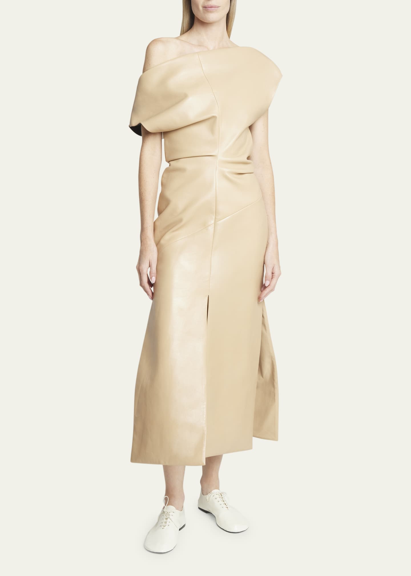 Off the cheap shoulder leather dress