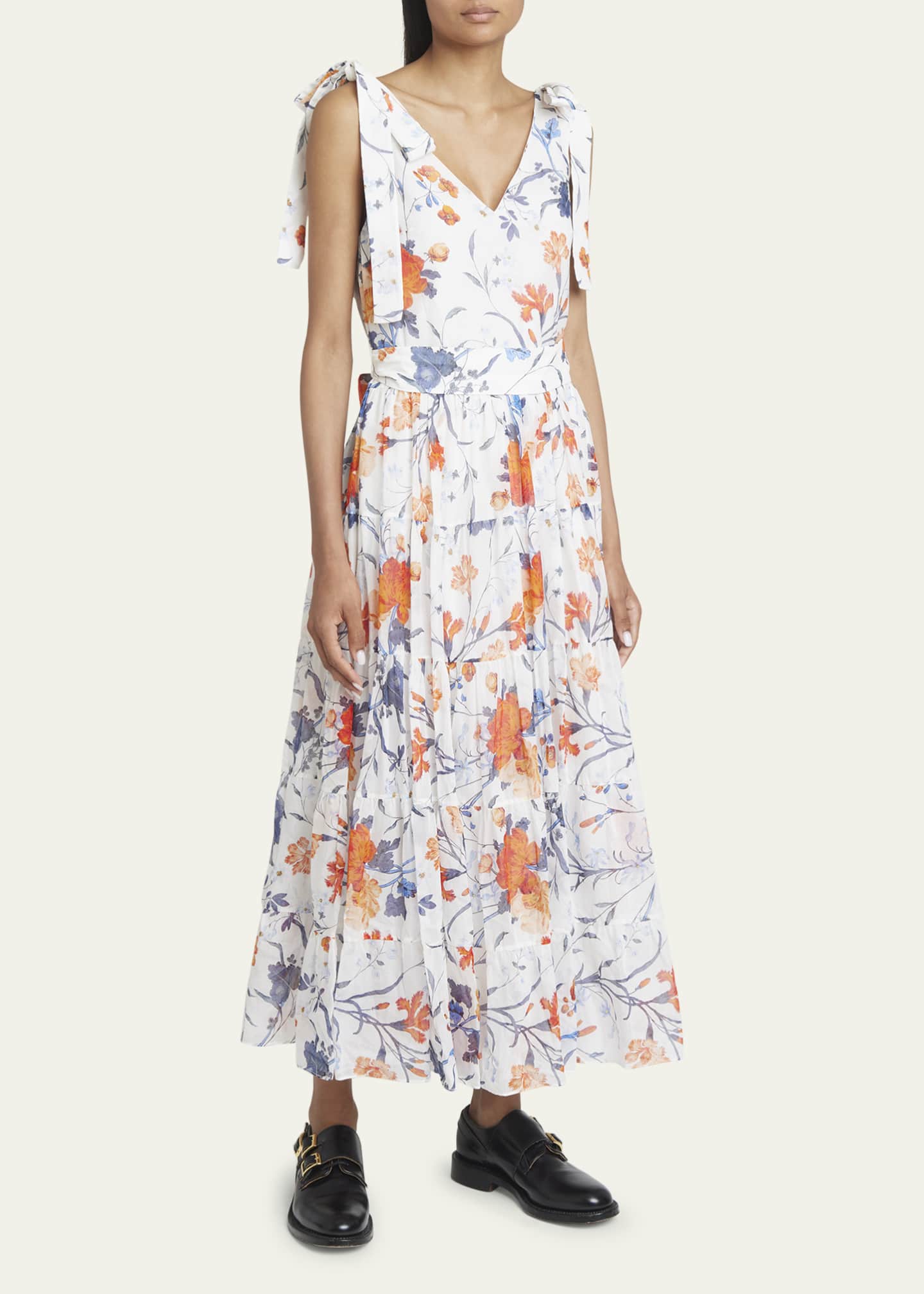 Erdem Floral-Print Tiered Belted Midi Dress with Self-Tie Shoulders ...