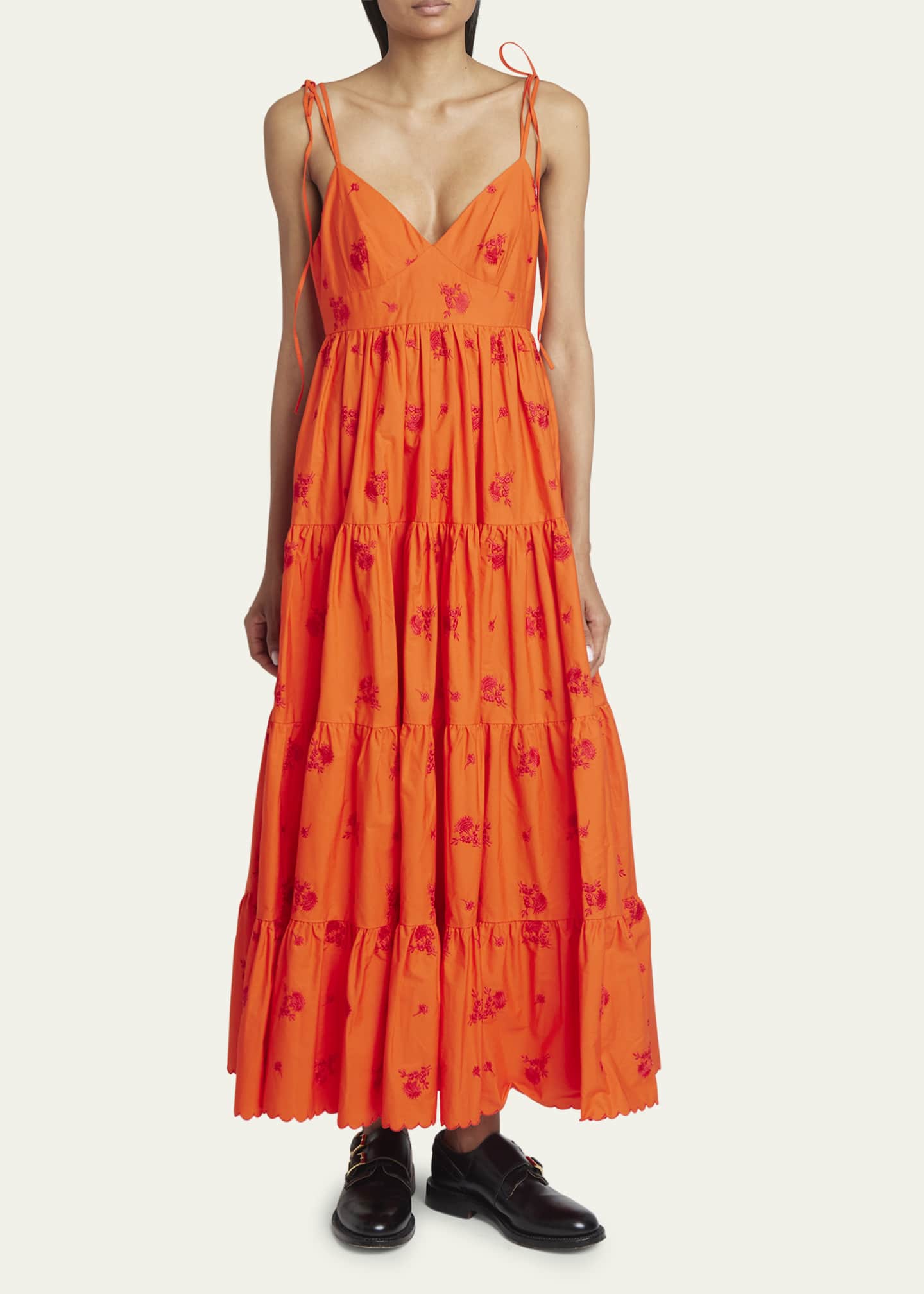 Erdem Floral Embroidered Tie Strap Tiered Maxi Dress