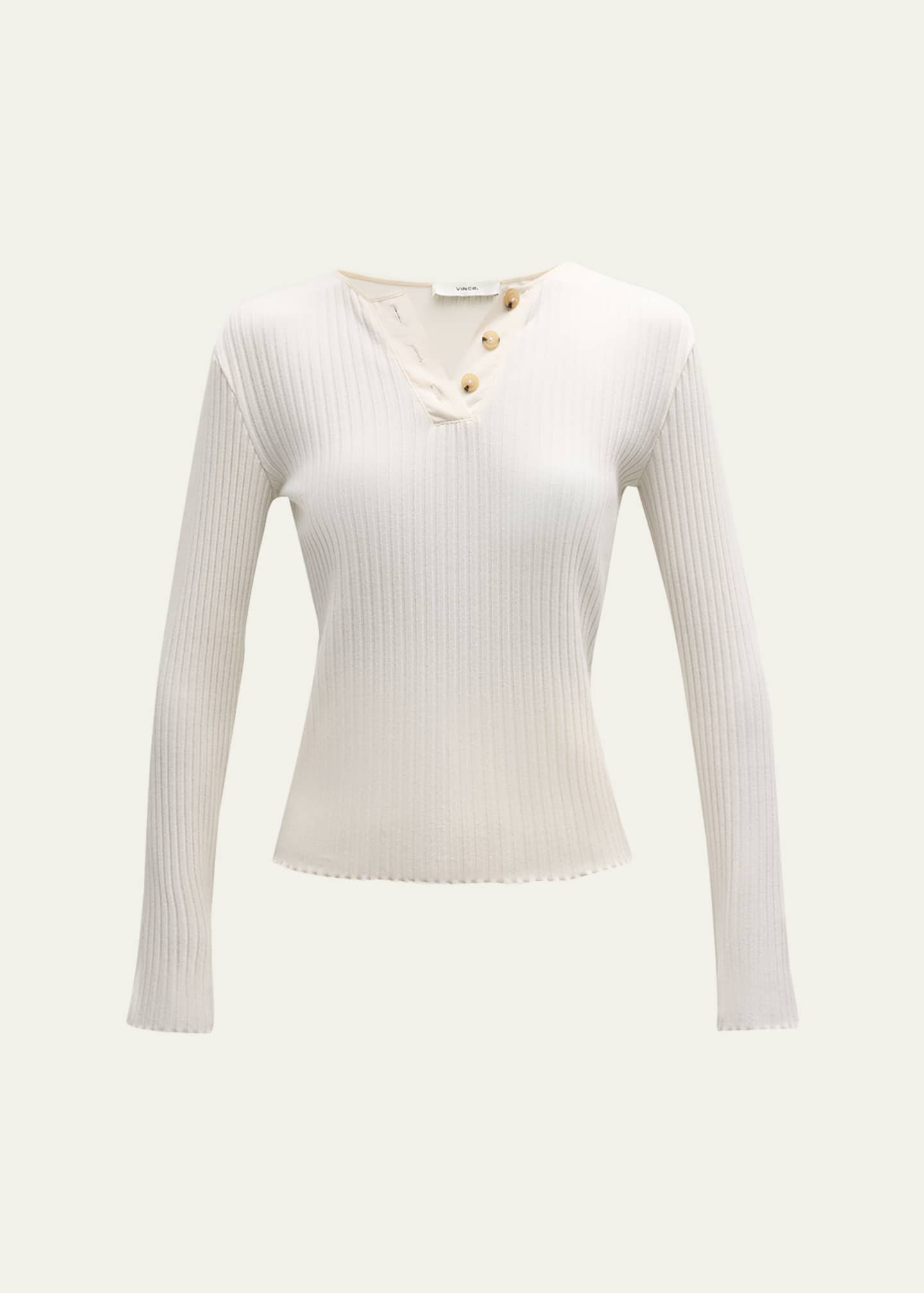 Long Sleeve Henley Top, V Neck Long Sleeve Top, White