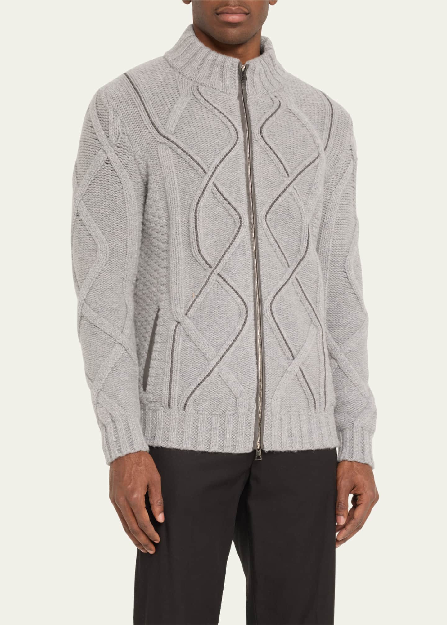 Bergdorf Goodman Men's Wool-Cashmere Cable Knit Full-Zip Sweater Image 4 of 5
