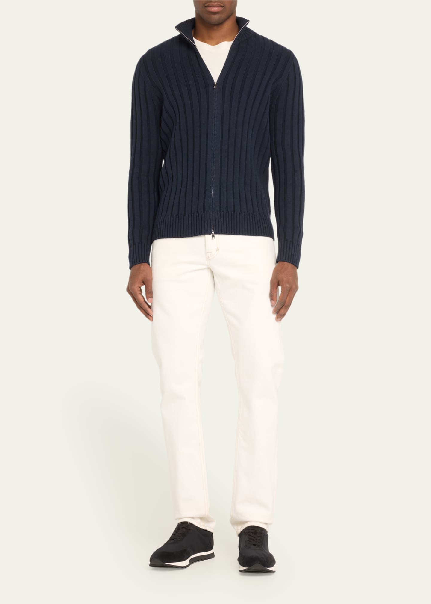 Bergdorf Goodman Men's Cotton-Cashmere Wide Rib Full-Zip Sweater Image 2 of 5