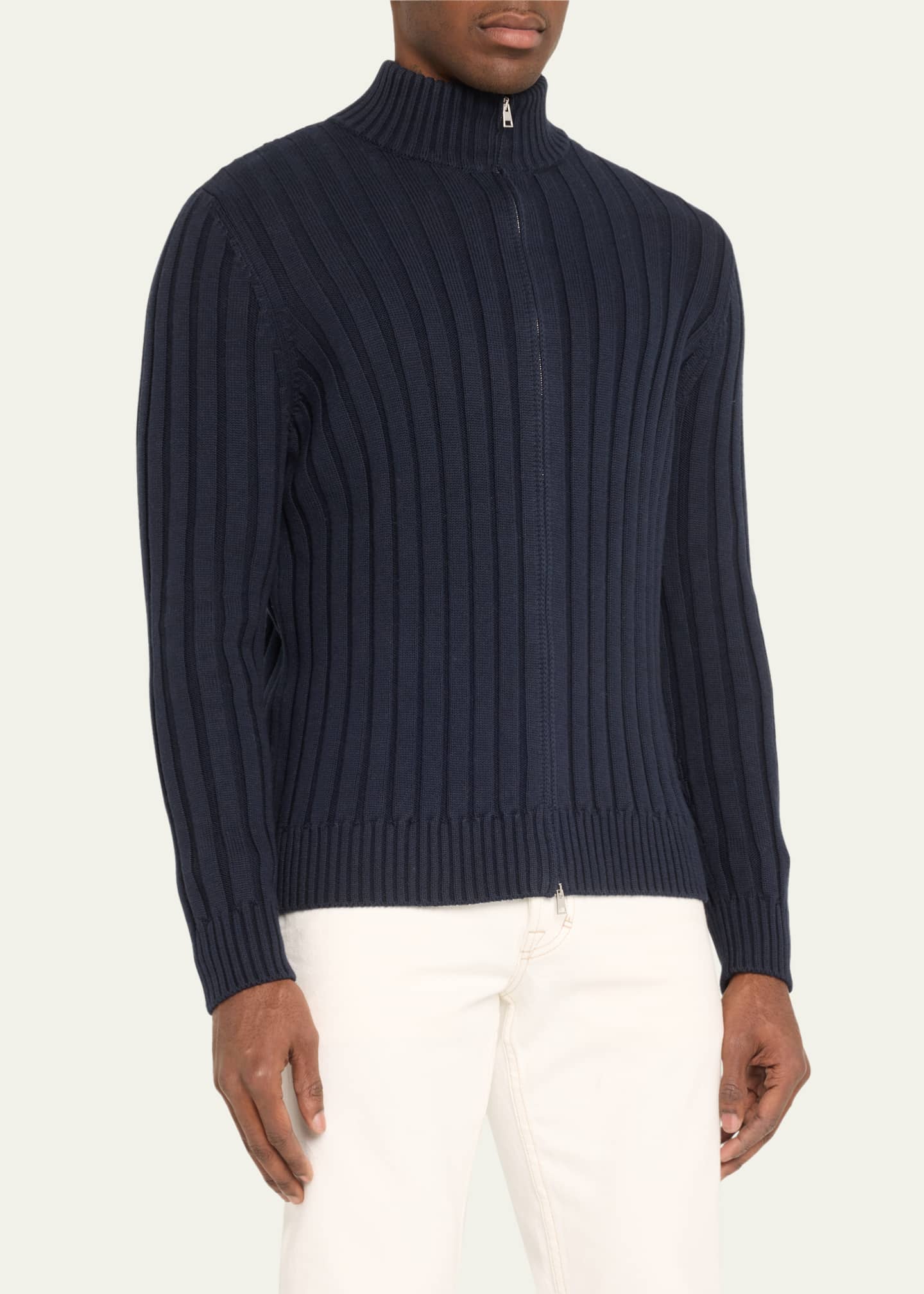 Bergdorf Goodman Men's Cotton-Cashmere Wide Rib Full-Zip Sweater Image 4 of 5