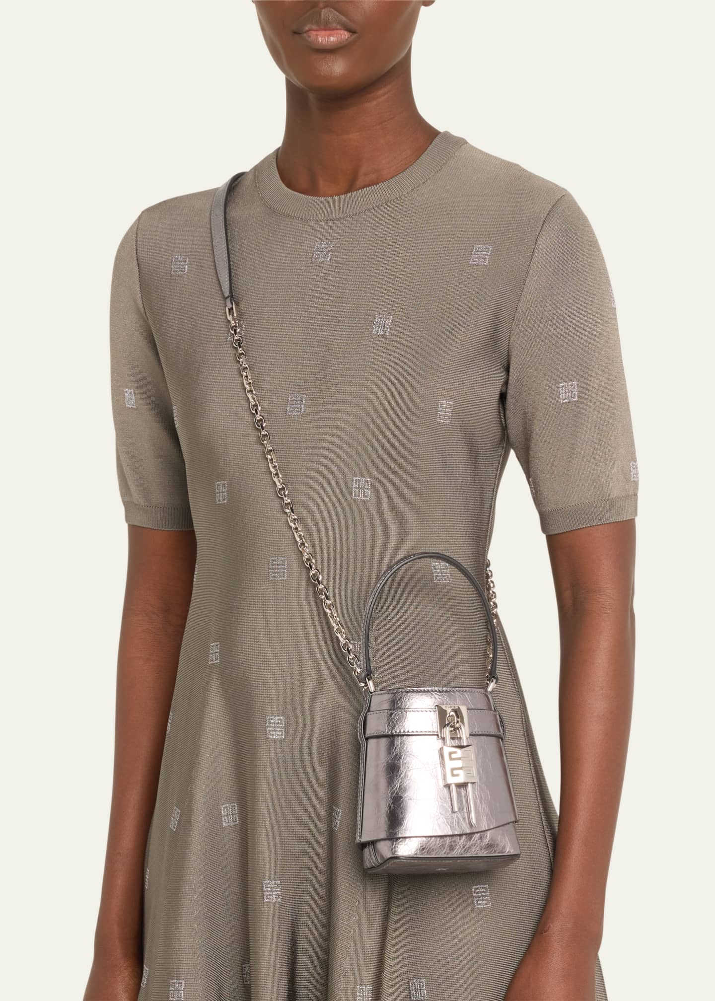 Shark Lock Micro metallic leather bucket bag in silver - Givenchy