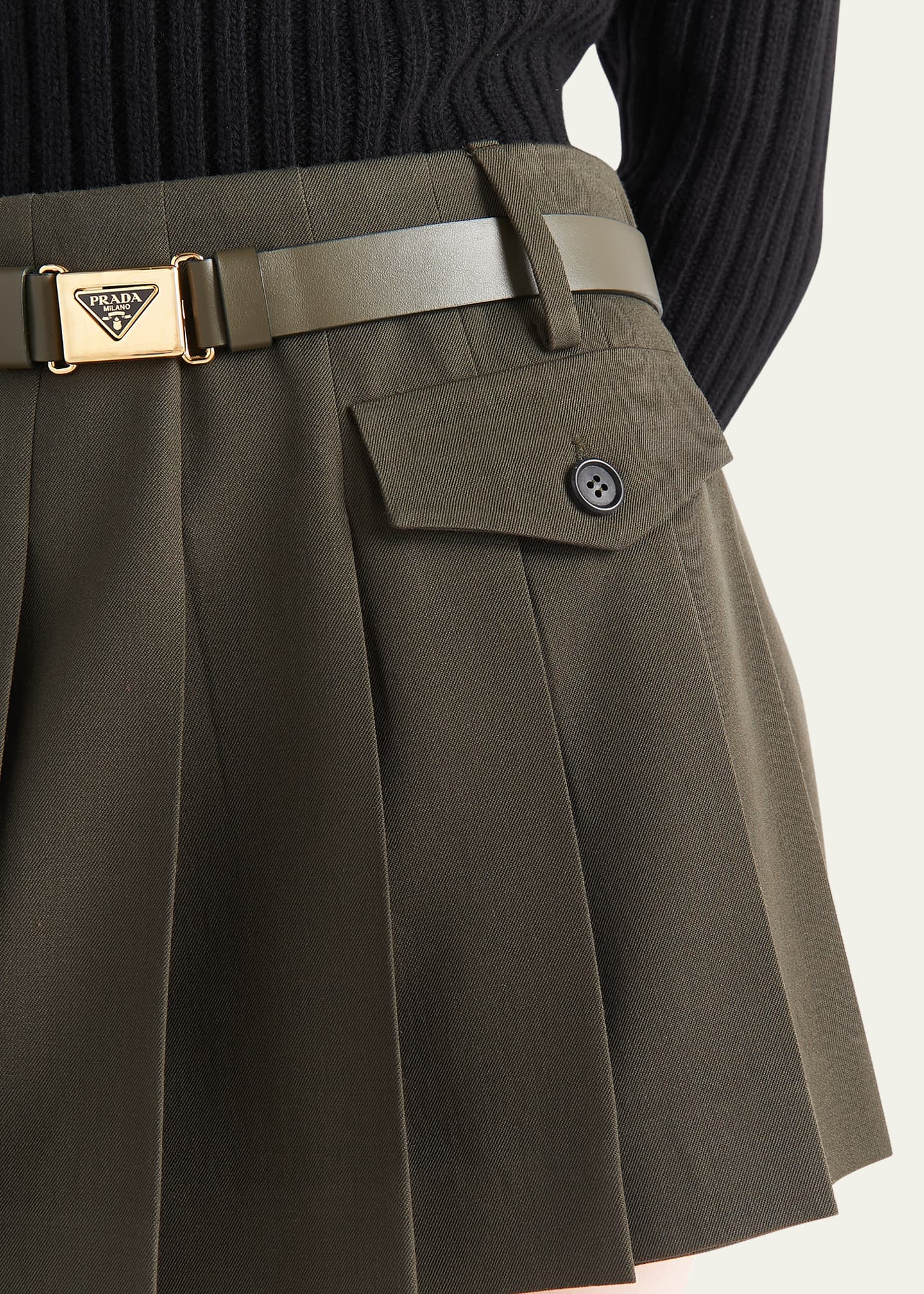 Prada Pleated Gabardine Leather Belted Mini Skirt Image 4 of 4