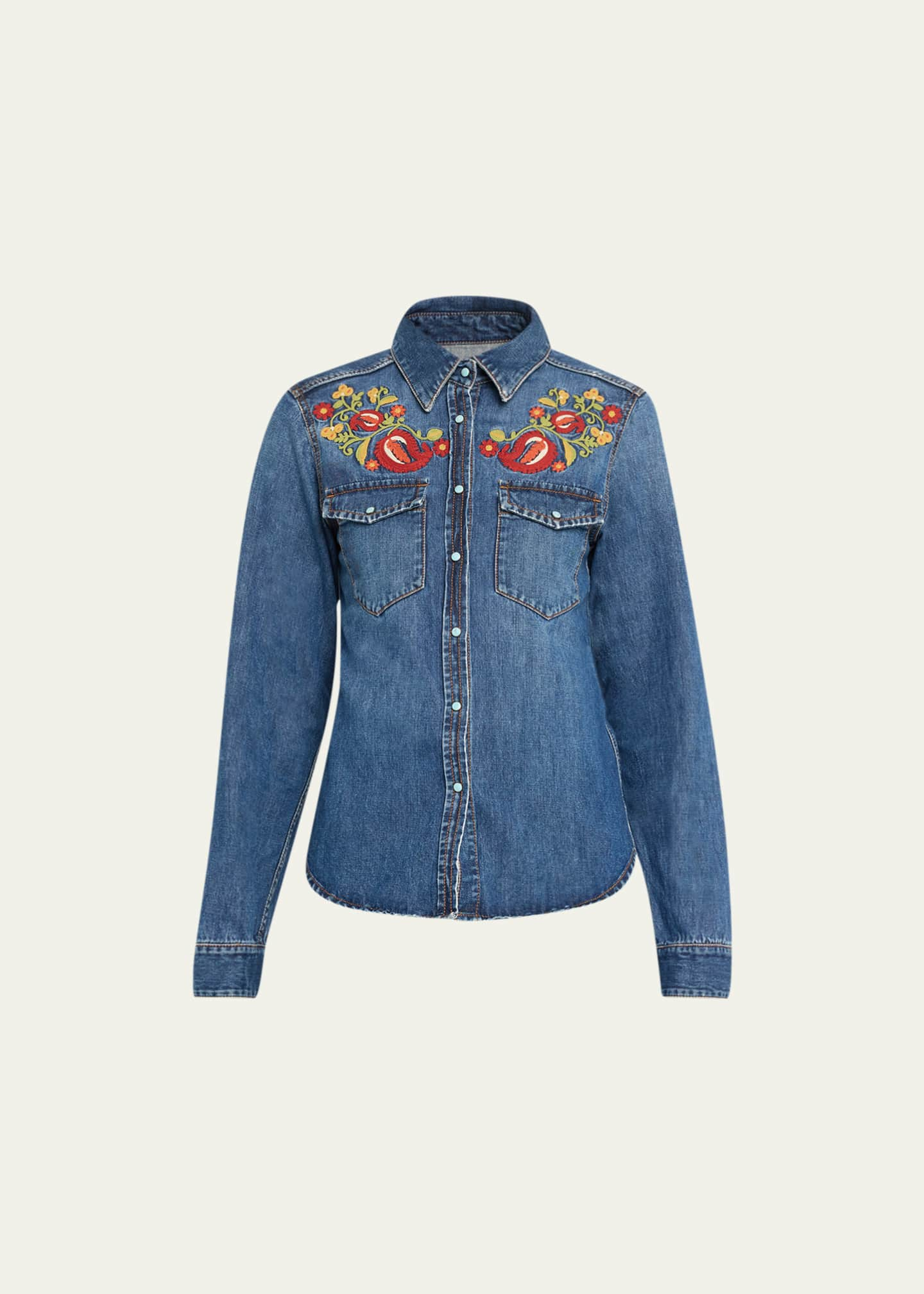 FORTELA Brigitte Floral-Embroidered Denim Shirt - Bergdorf Goodman