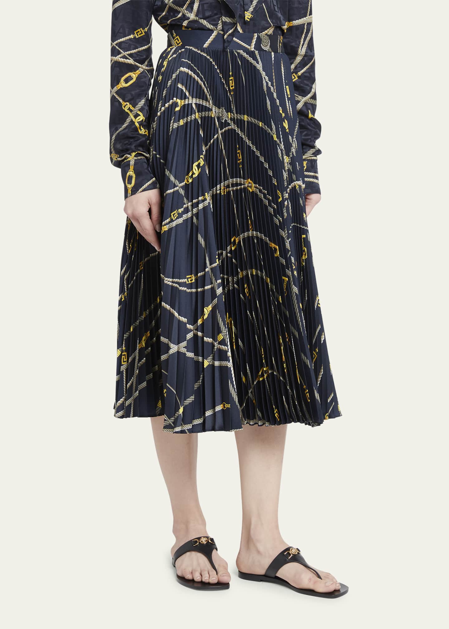 Versace Rope-Print Pleated Twill Midi Skirt - Bergdorf Goodman