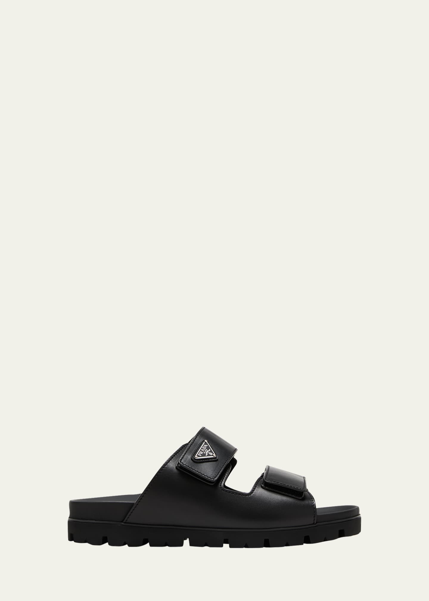 Prada Men's Fussbett Leather Dual-Grip Slide Sandals Image 1 of 6