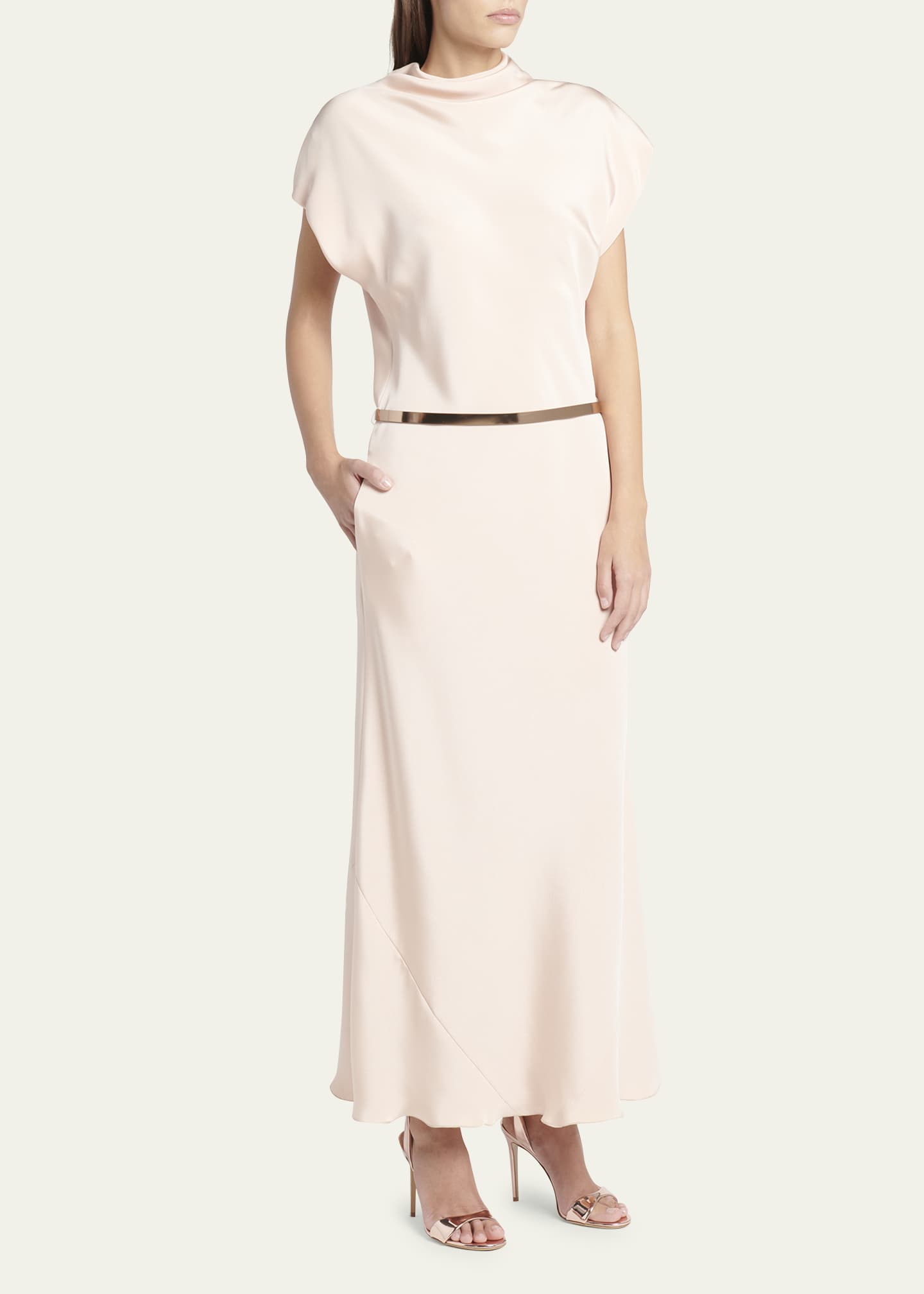 Giorgio Armani Cowl-Neck Silk Crepe Maxi Dress with Leather Belt Image 4 of 5