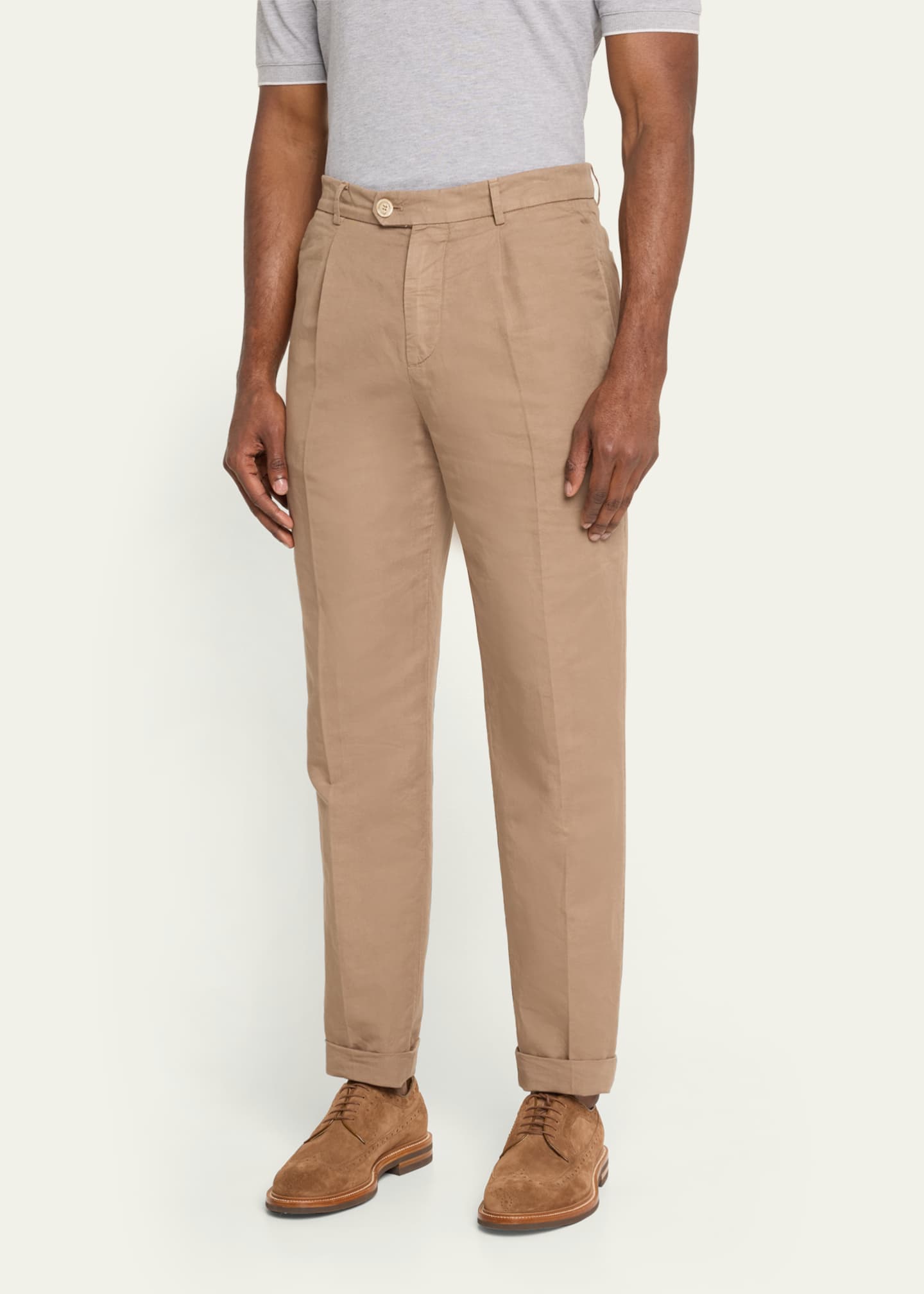 Brunello Cucinelli Men's Slim Fit Cotton-Linen Pleated Pants Image 4 of 5