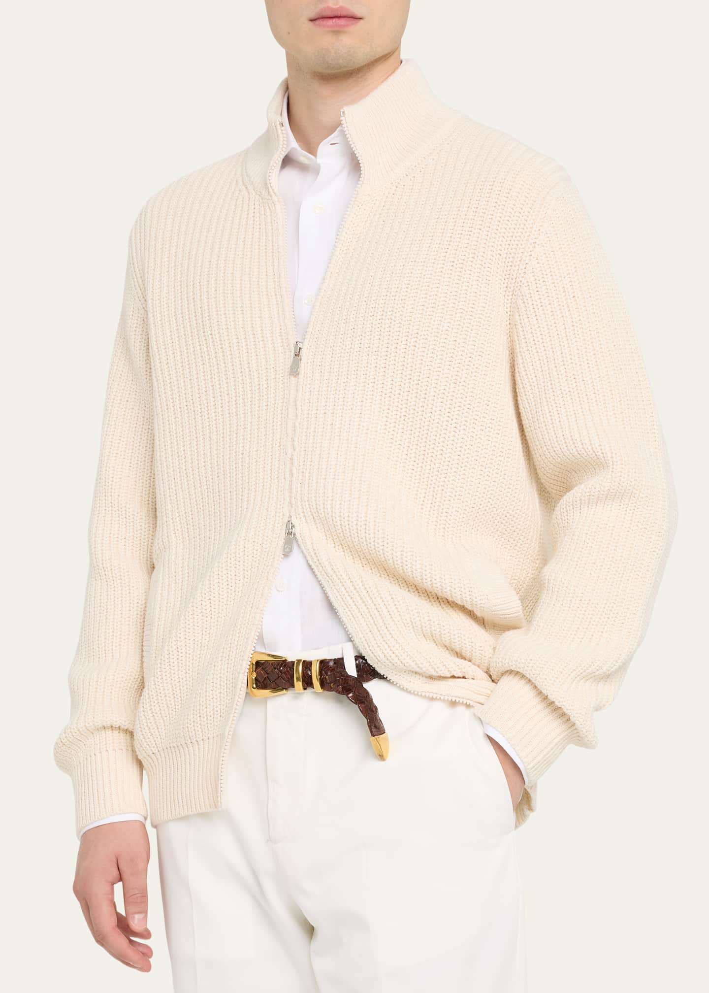 Brunello Cucinelli Men's Ribbed Full-Zip Sweater Image 4 of 5