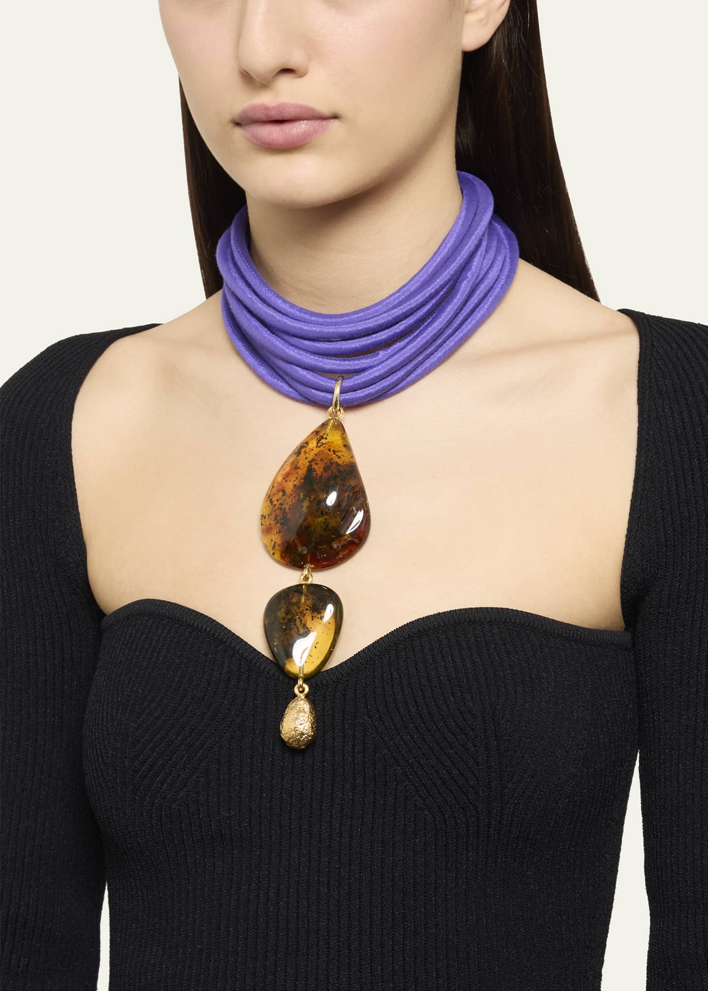 Grazia And Marica Vozza Amber and Gold Nugget Charm on Multi String Silk Cord Necklace Image 2 of 2
