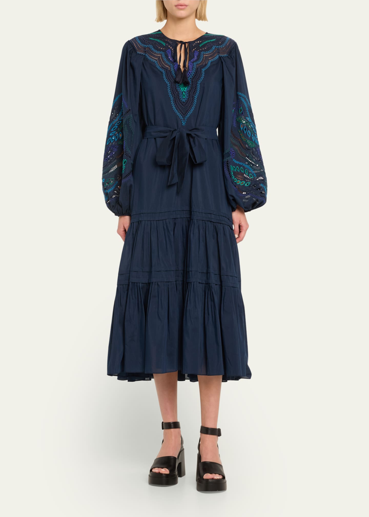 Kobi Halperin Val Embroidered Blouson-Sleeve Midi Dress - Bergdorf Goodman