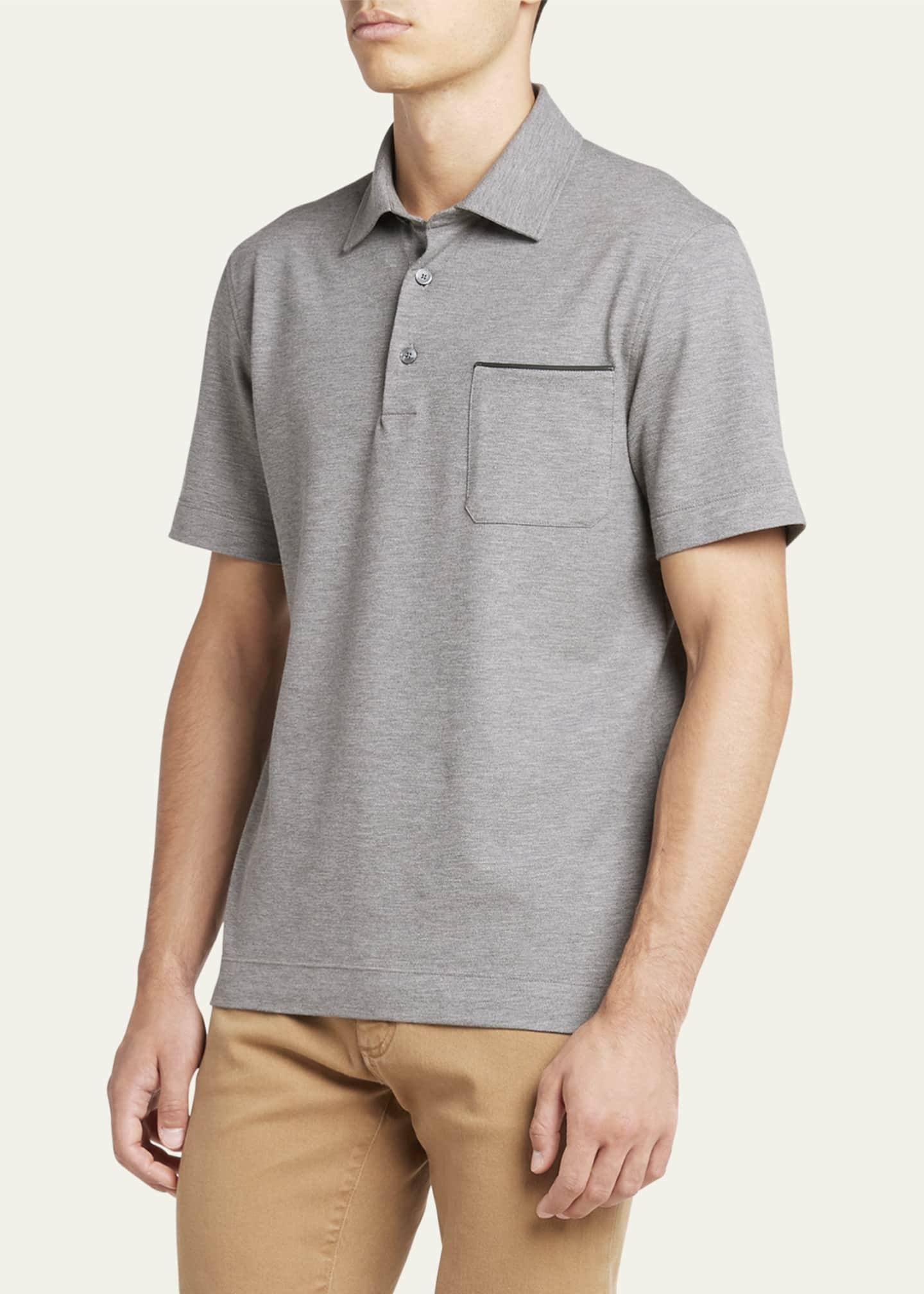 ZEGNA Men's Cotton Polo Shirt with Leather-Trim Pocket