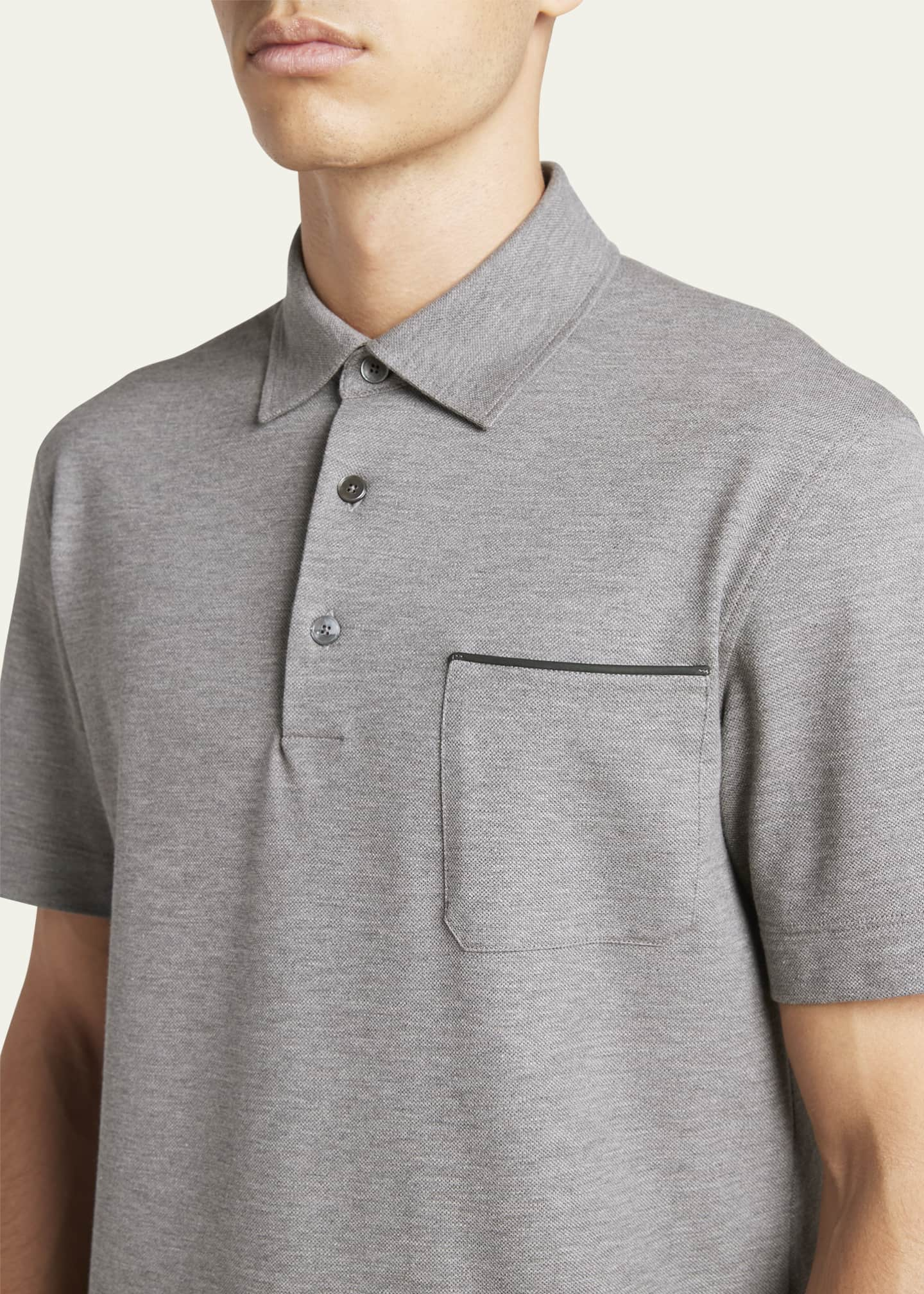 ZEGNA Men's Cotton Polo Shirt with Leather-Trim Pocket