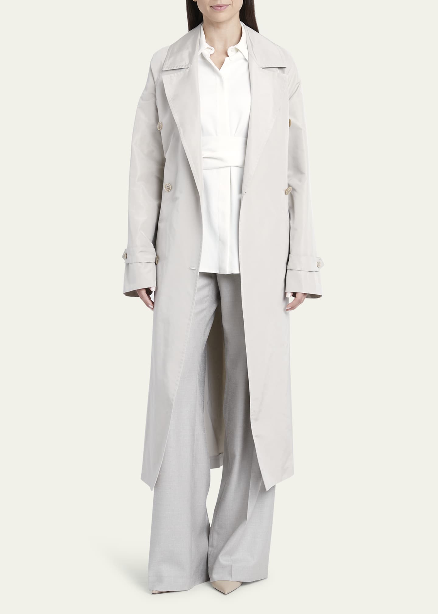 Kiton Long Double Breast Tie Waist Silk Trench Coat