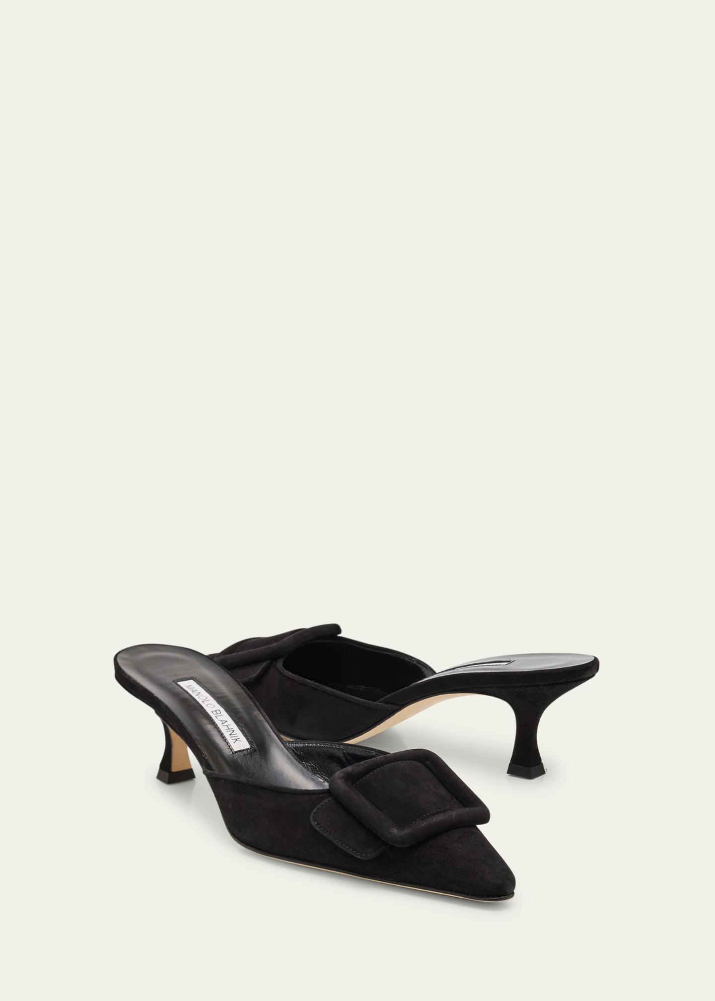 Manolo Blahnik Maysale Suede Buckle Mules - Bergdorf Goodman