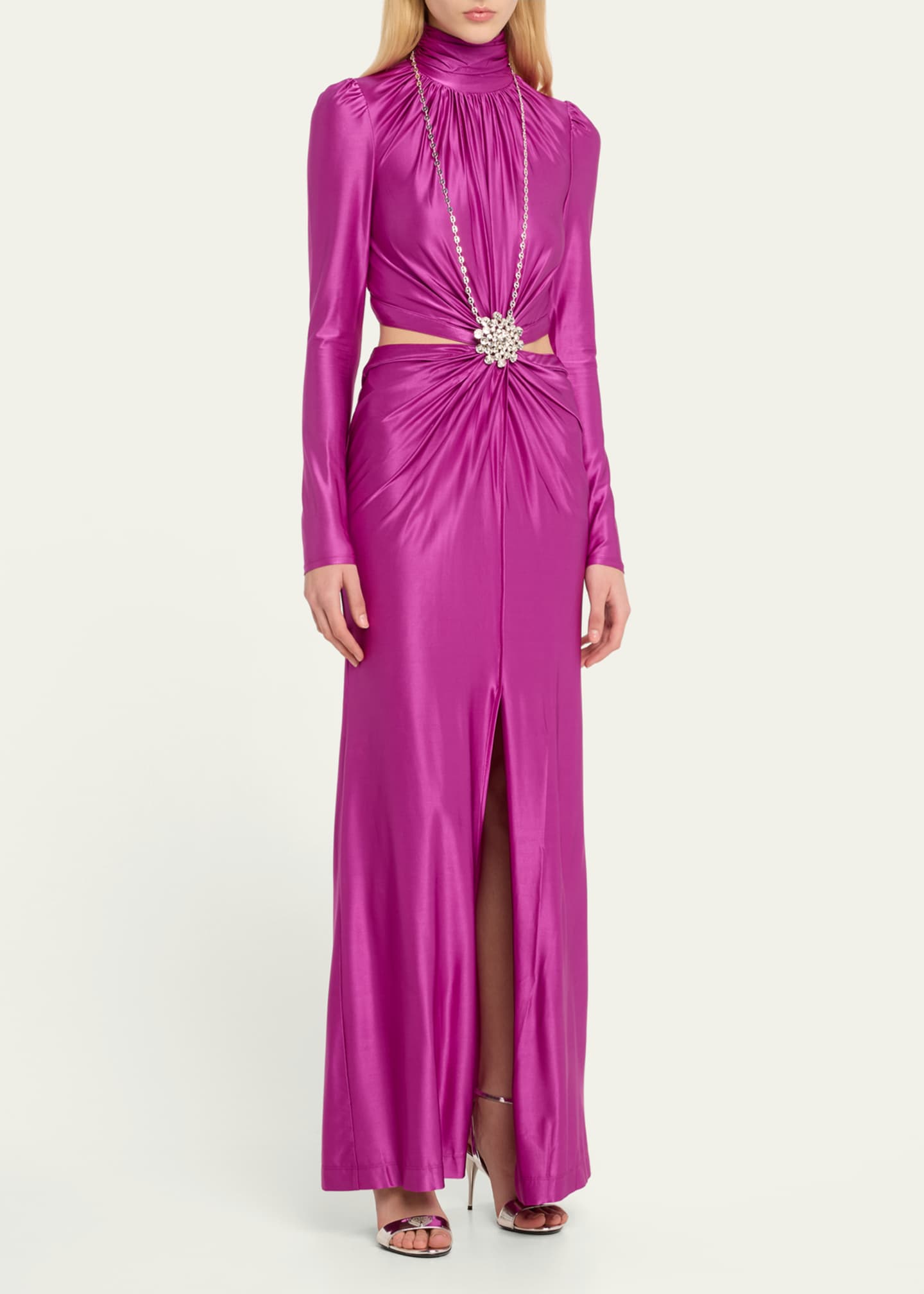 Rabanne Long Crystal Brooch Cutout Ruched Dress - Bergdorf Goodman