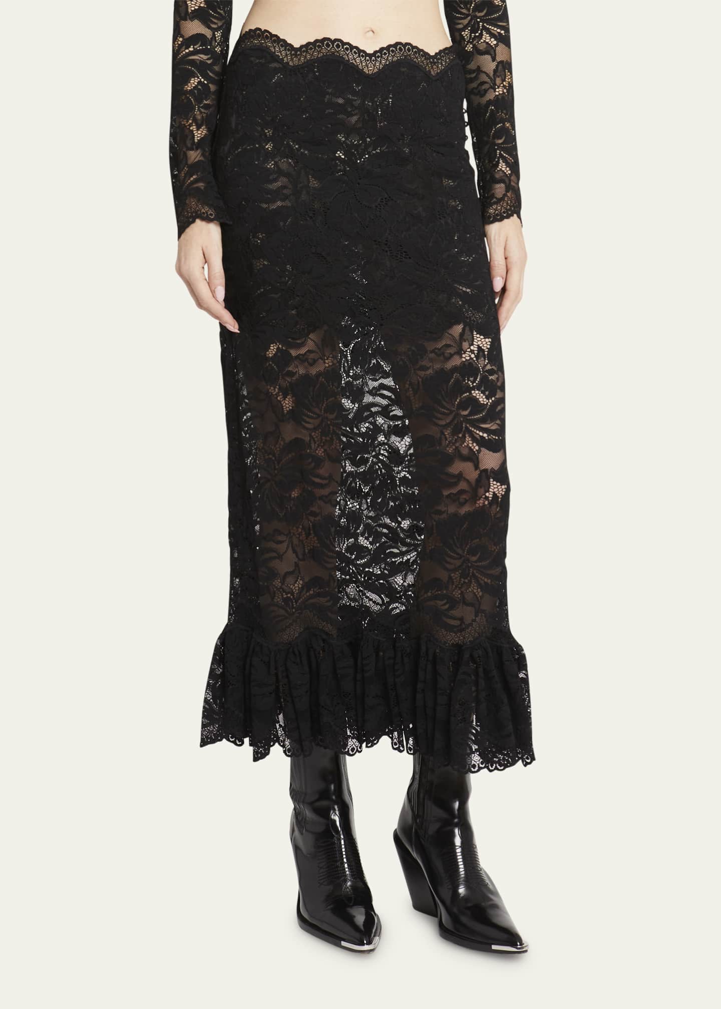 Rabanne Floral Lace Ruffle-Hem Midi Skirt - Bergdorf Goodman