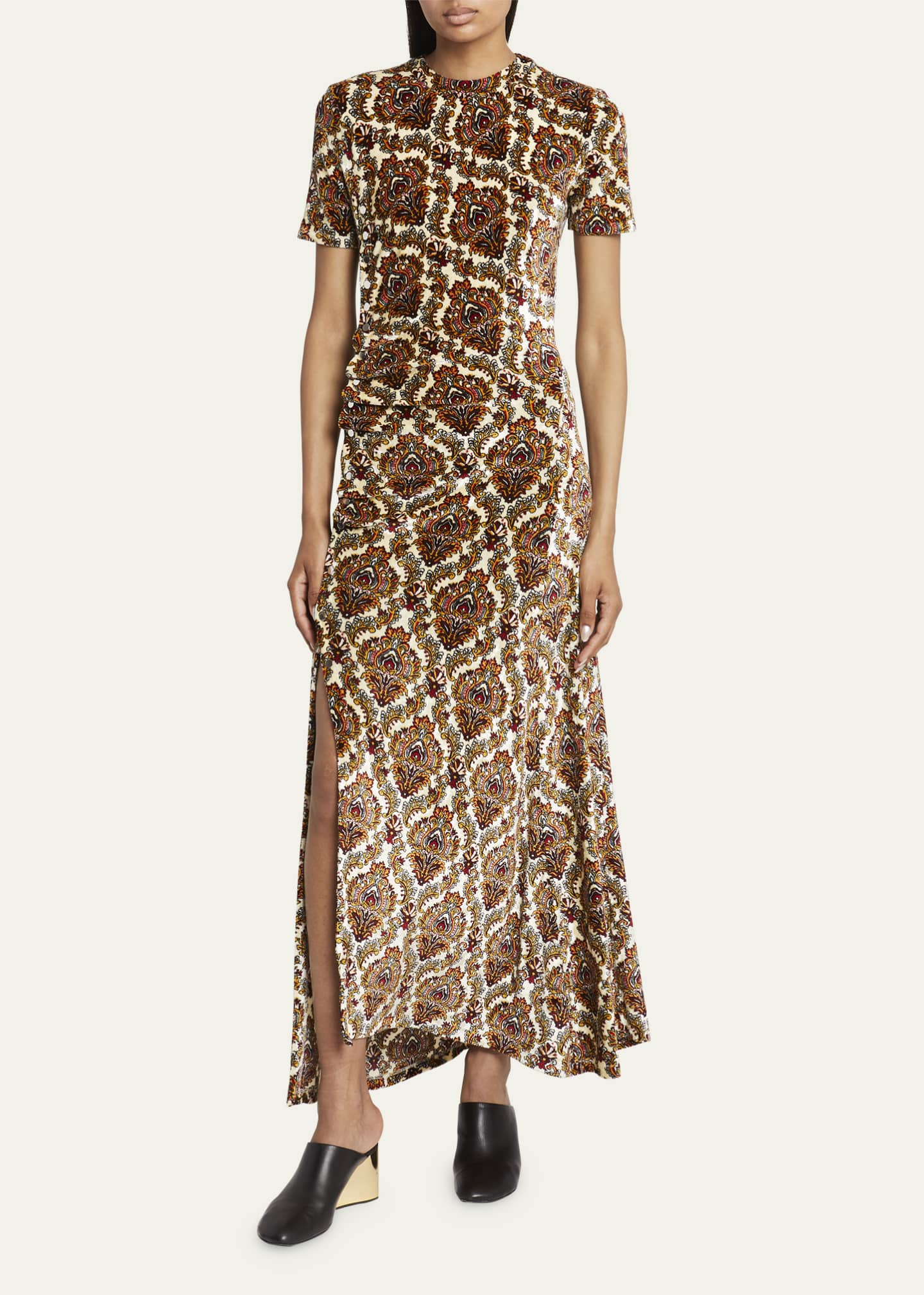 Rabanne Damask Print Velvet Buttoned Ruched Waist Dress - Bergdorf Goodman