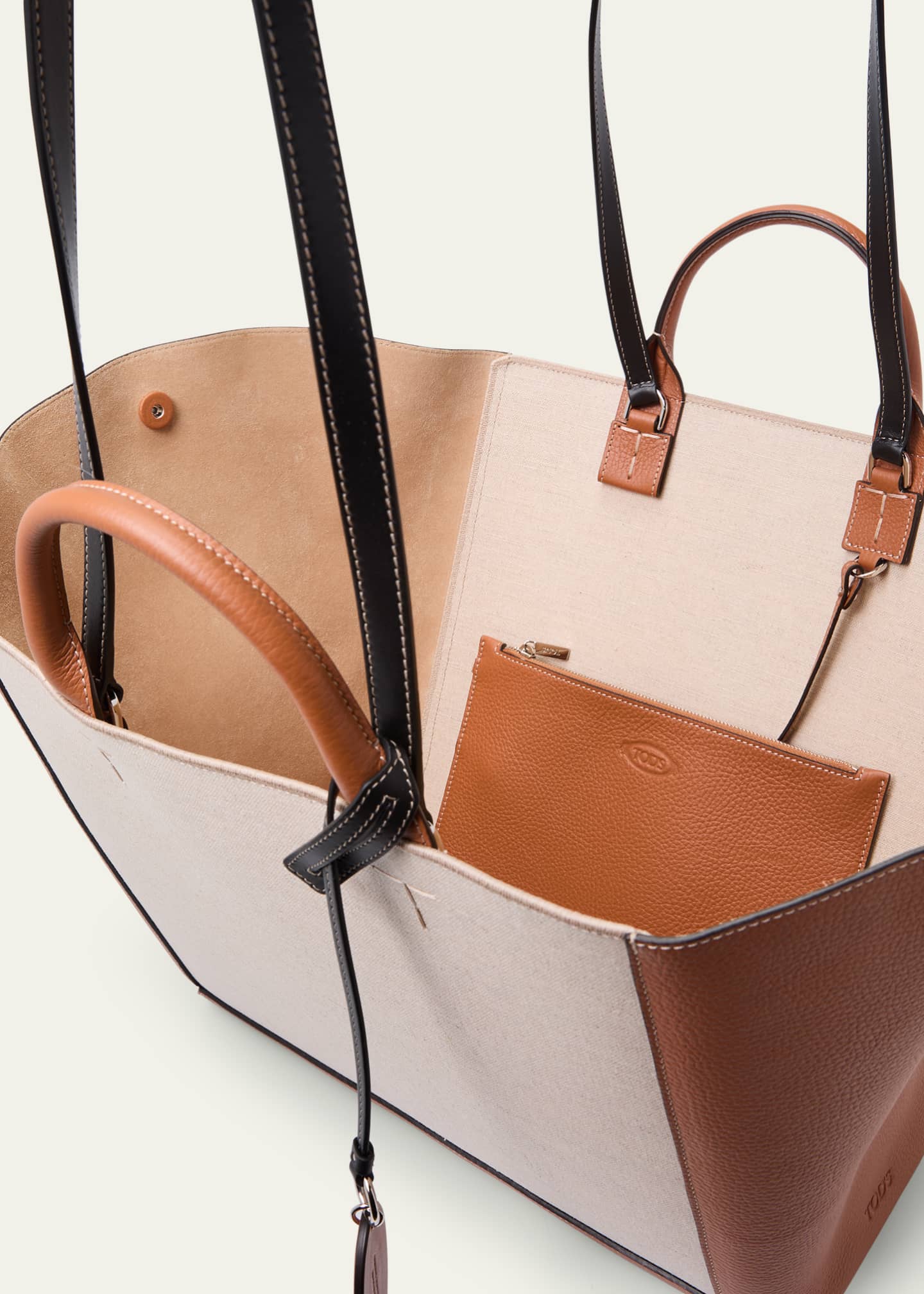 Tod s Double Up Shopping Bag in Leather and Canvas Large Black off WHITE BROWN Bags