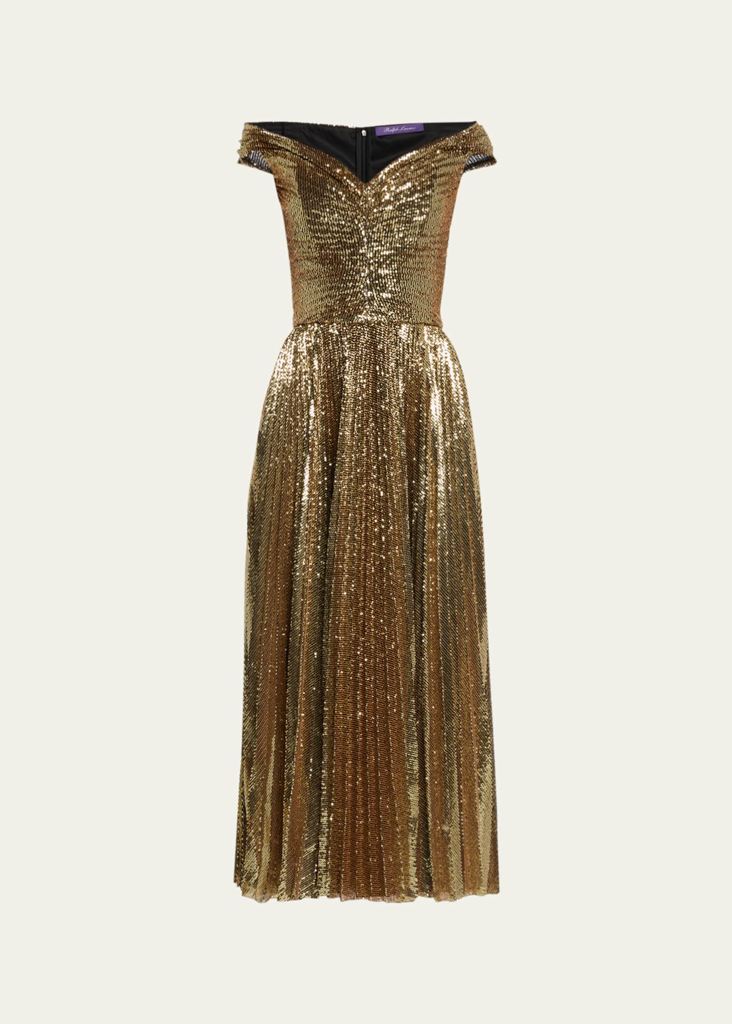 Ralph Lauren Collection Camari Pleated Sequin Off Shoulder Midi