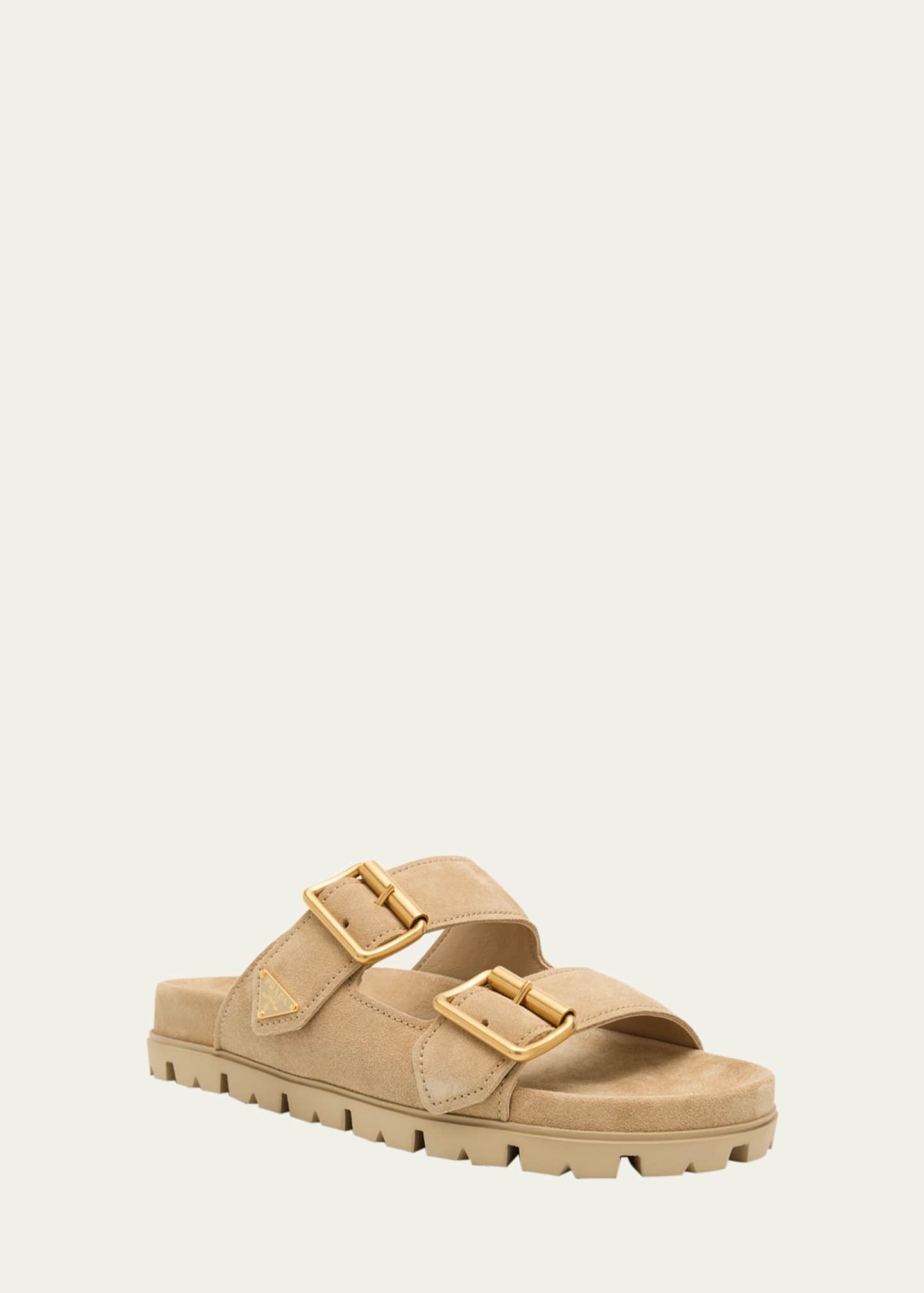 Prada Suede Double-Buckle Slide Sandals Image 3 of 6