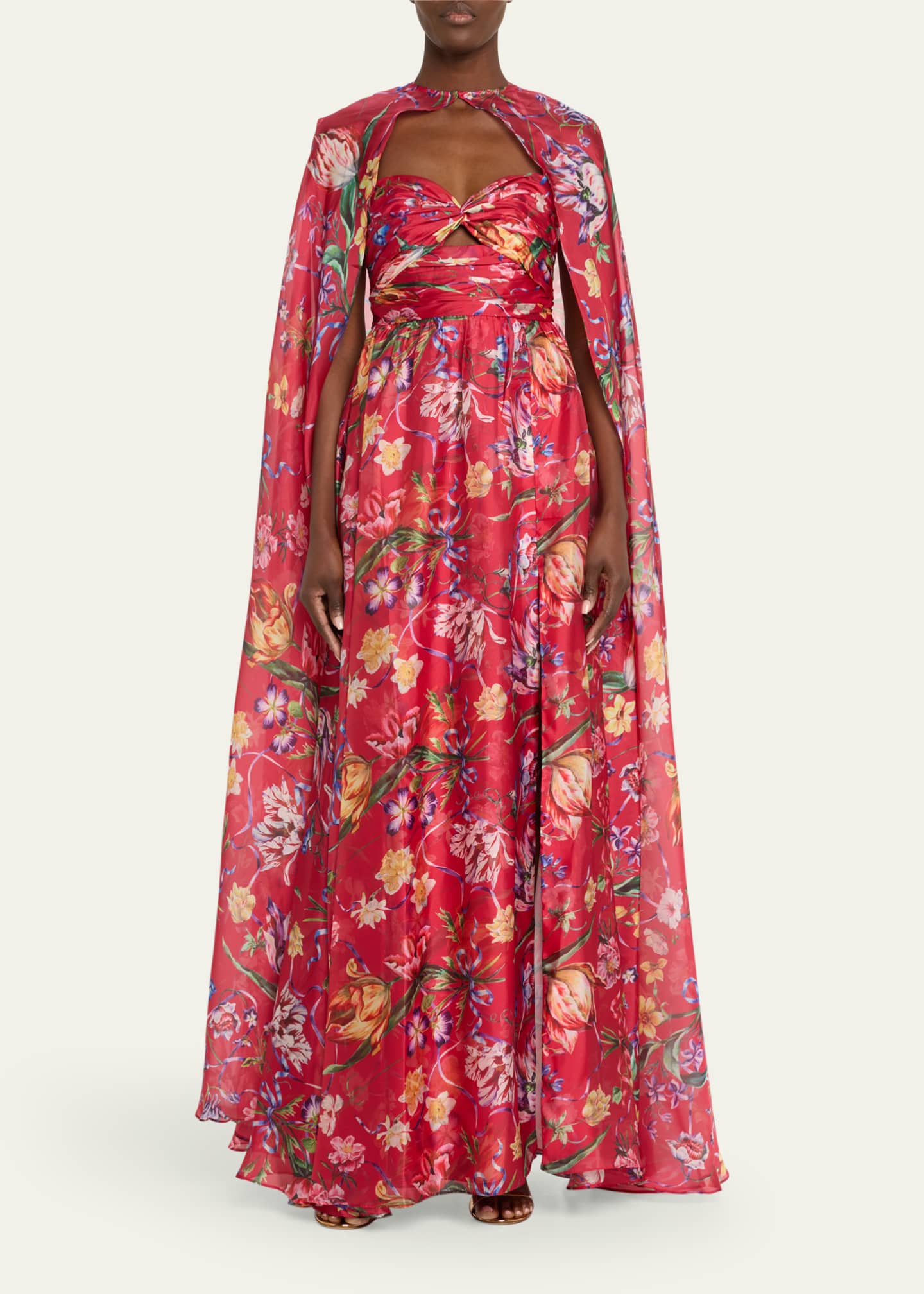Marchesa Notte Cutout Floral-Print Sweetheart Cape Gown - Bergdorf Goodman