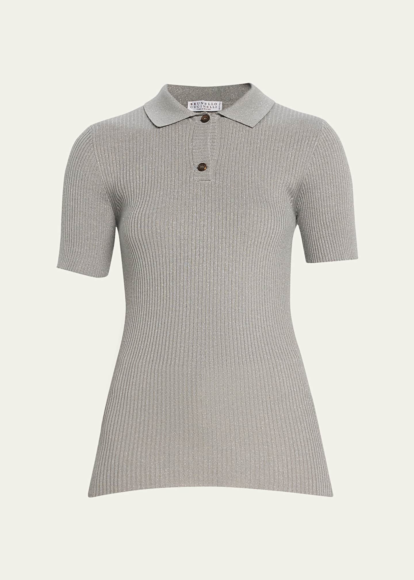 Brunello Cucinelli Metallic Rib Knit Short-Sleeve Polo Sweater