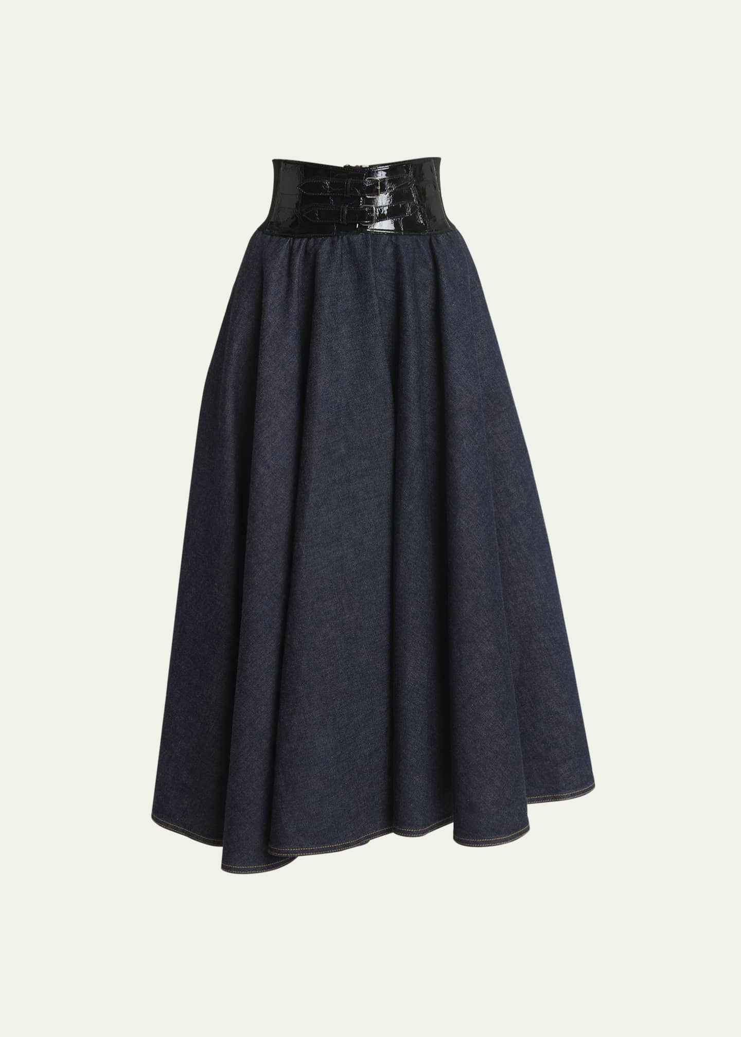 ALAIA Embossed Leather Belted Denim Flared Midi Skirt - Bergdorf Goodman