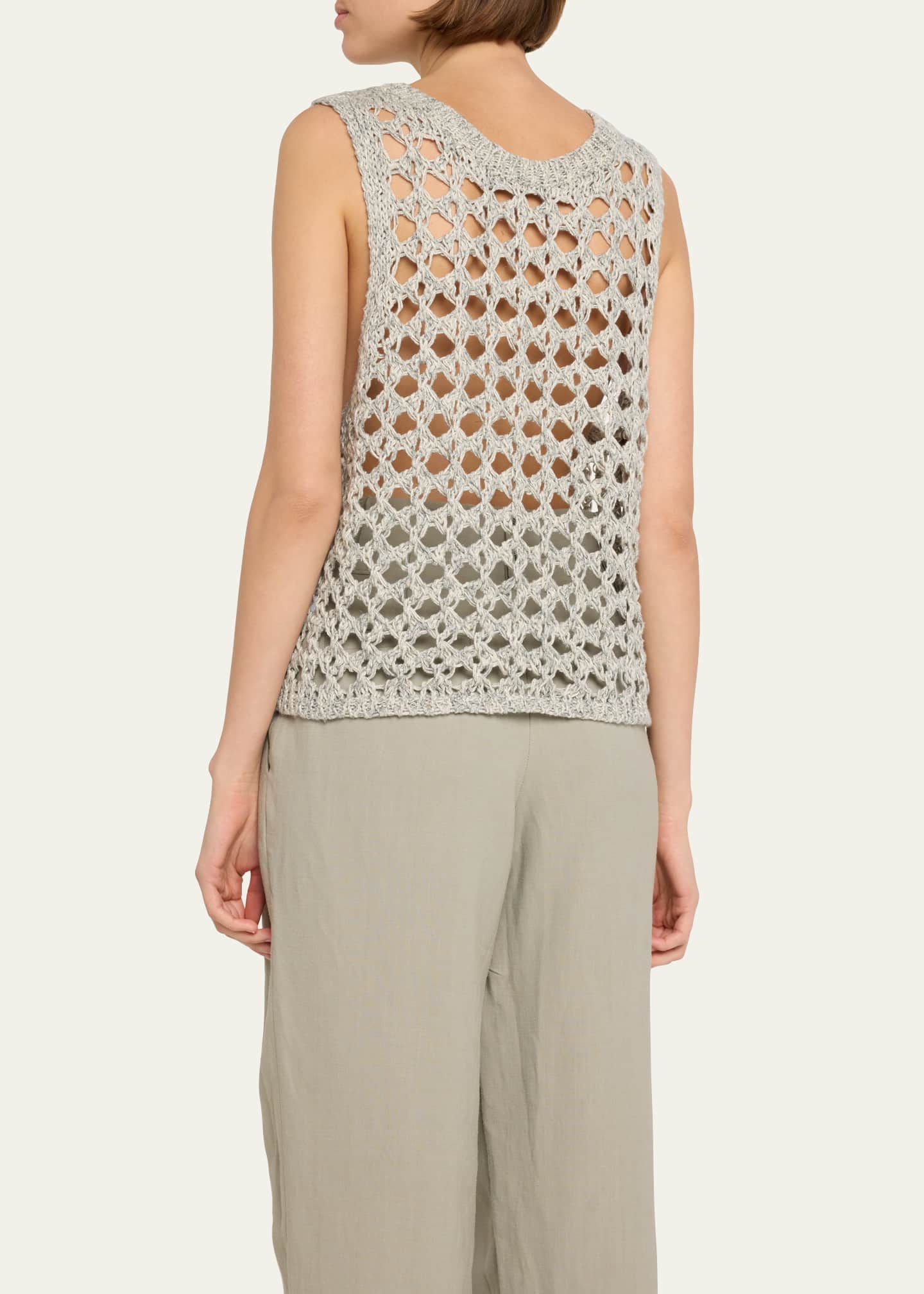 Brunello Cucinelli Melange Jute Cotton Openwork Knit Tank Top Image 3 of 5
