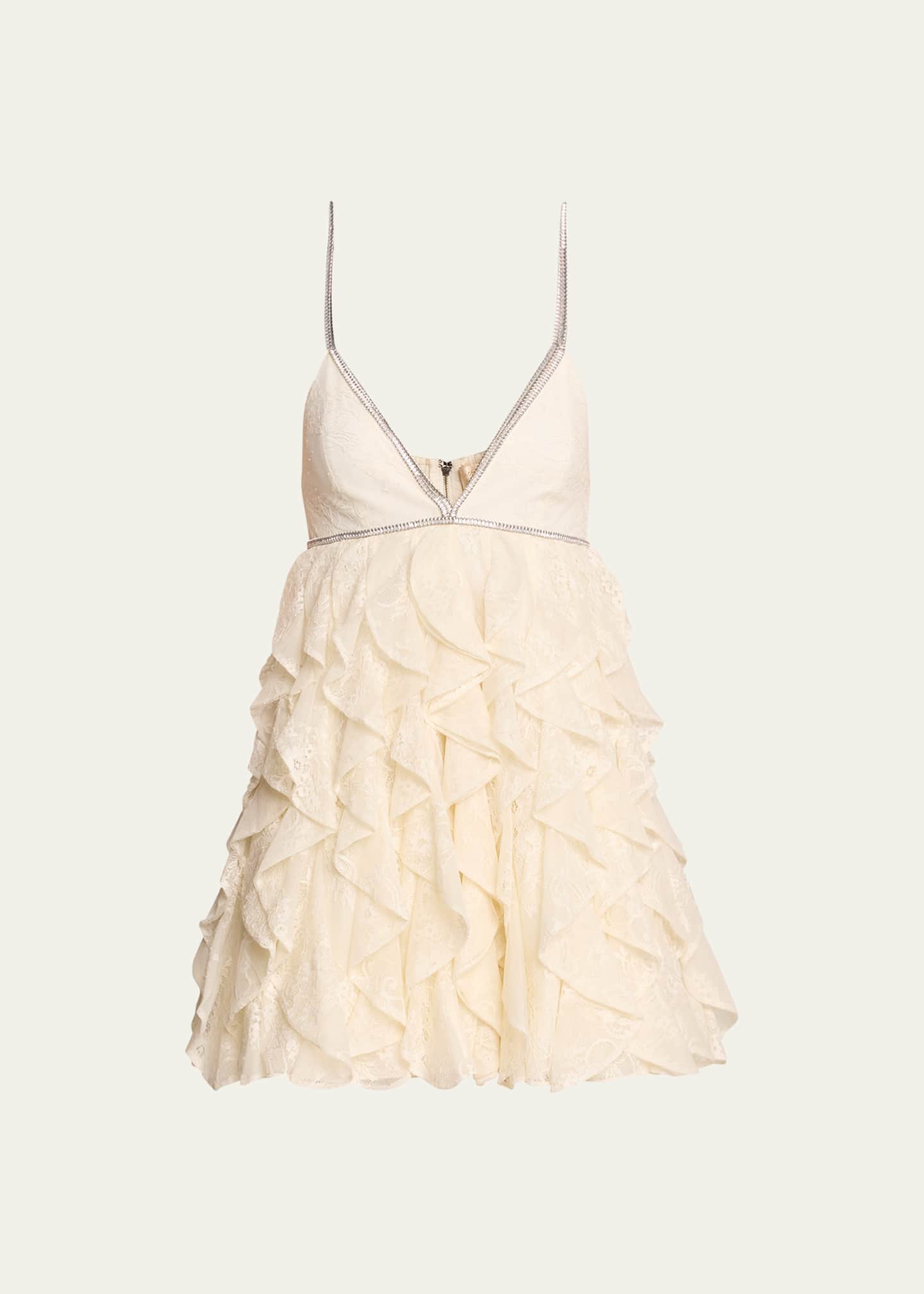 Alice + Olivia Wilmarie Embellished Lace Ruffle Mini Gown