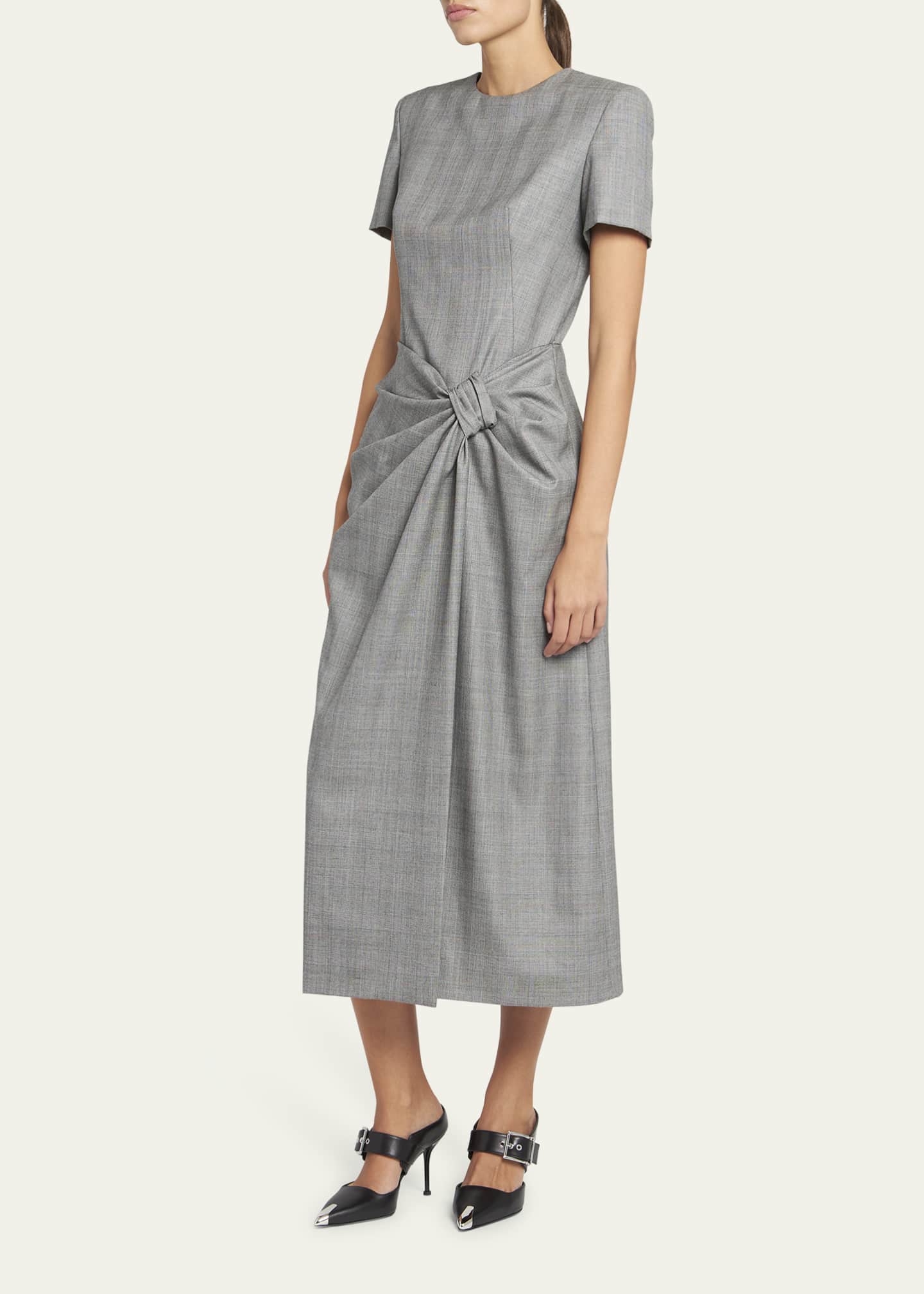 Alexander McQueen Prince of Wales Ruched Waist Wool Midi Dress ...