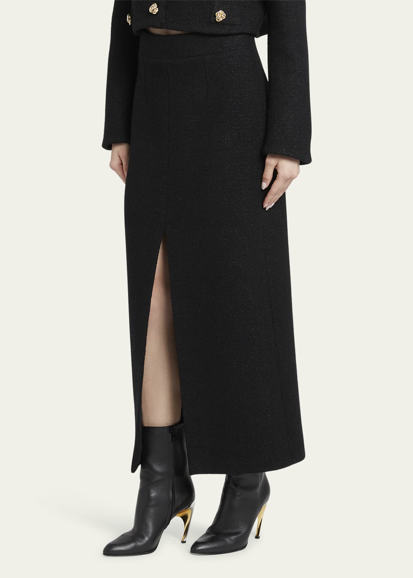 Alexander McQueen Tweed Pencil Midi Skirt with Front Slit