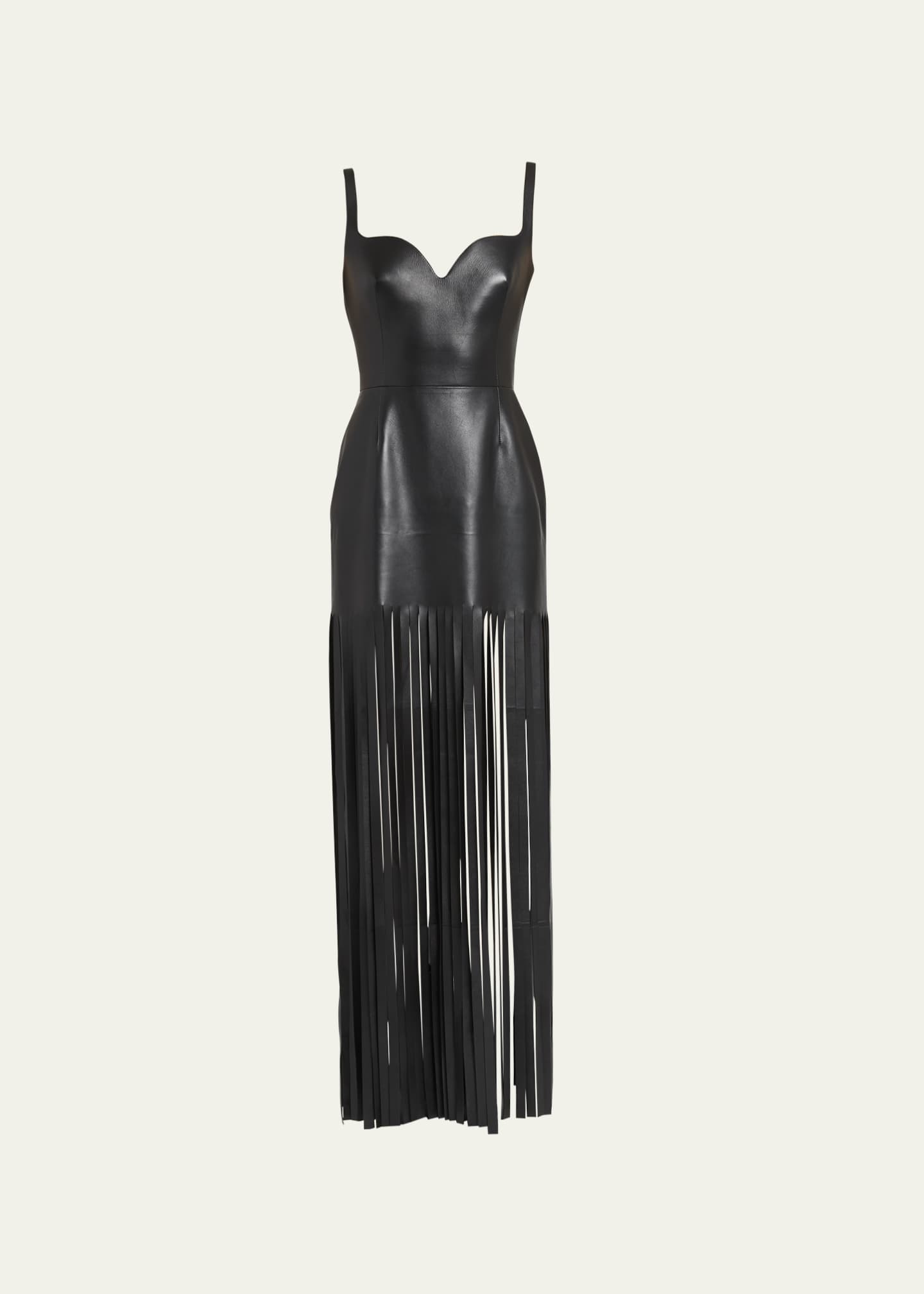 Alexander McQueen Sculpted Bust Leather Mini Dress with Fringe