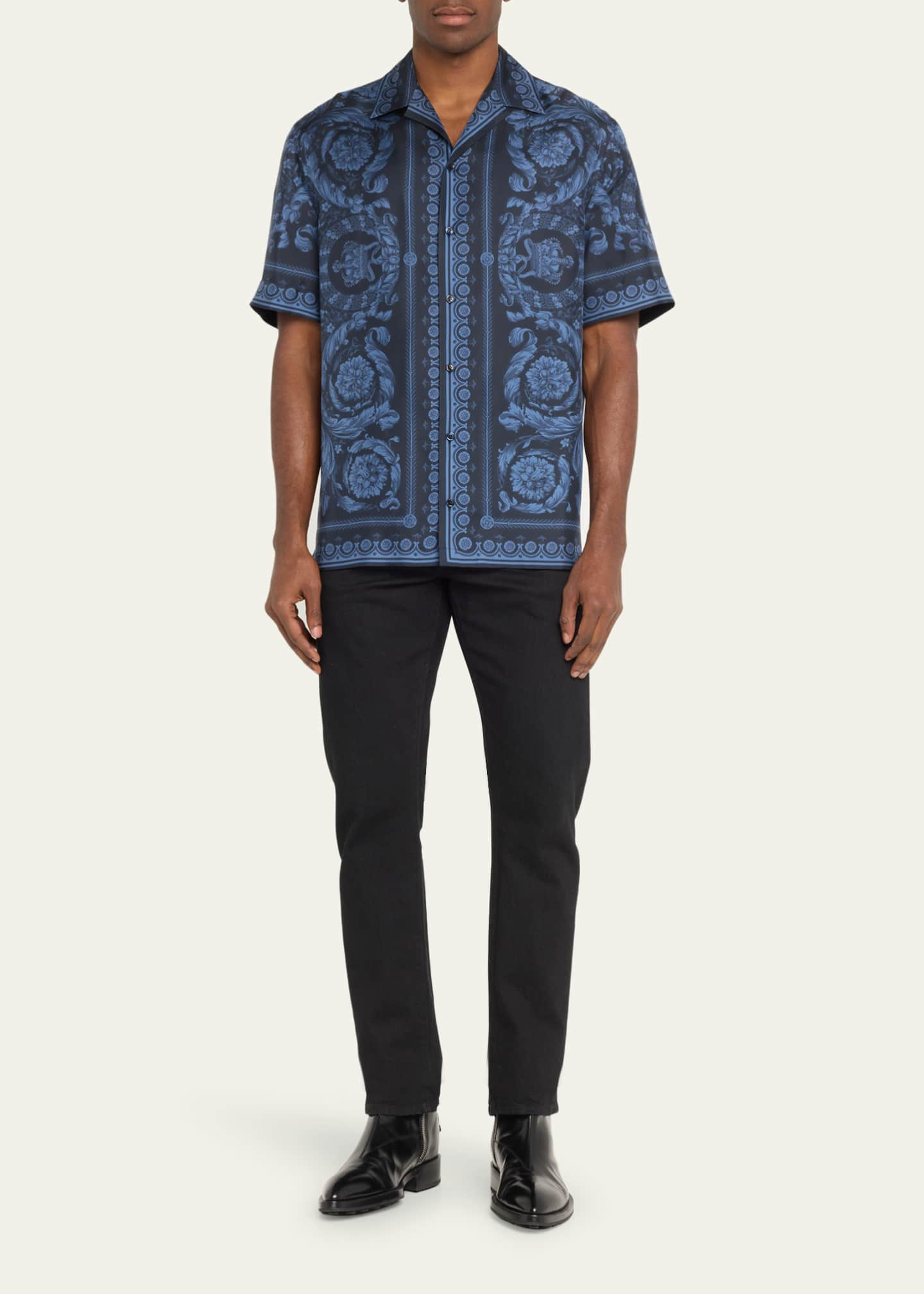 Men's Barocco Print Silk Shirt by Versace