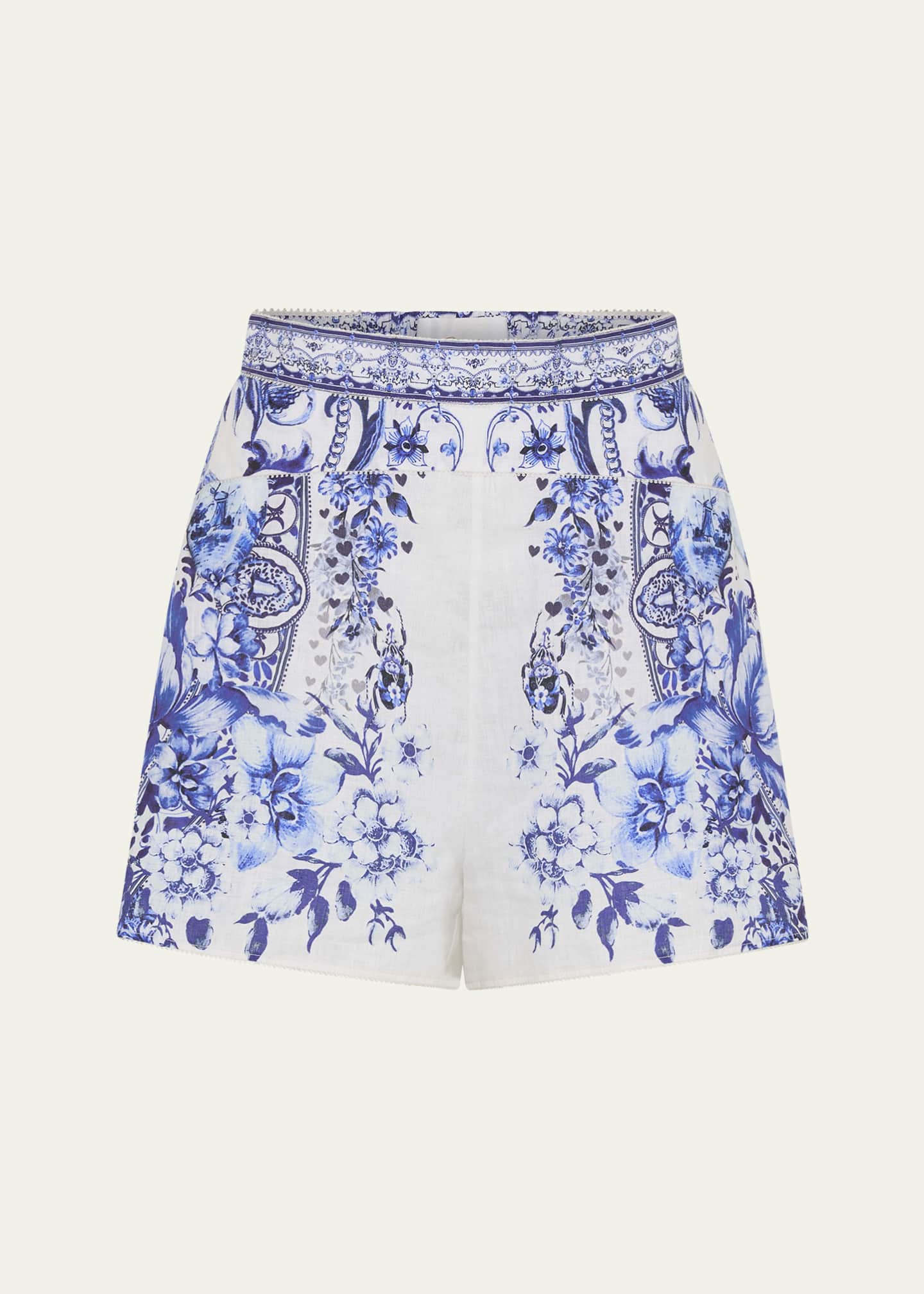 Camilla Wide Waistband Floral Linen Silk Shorts Image 1 of 5