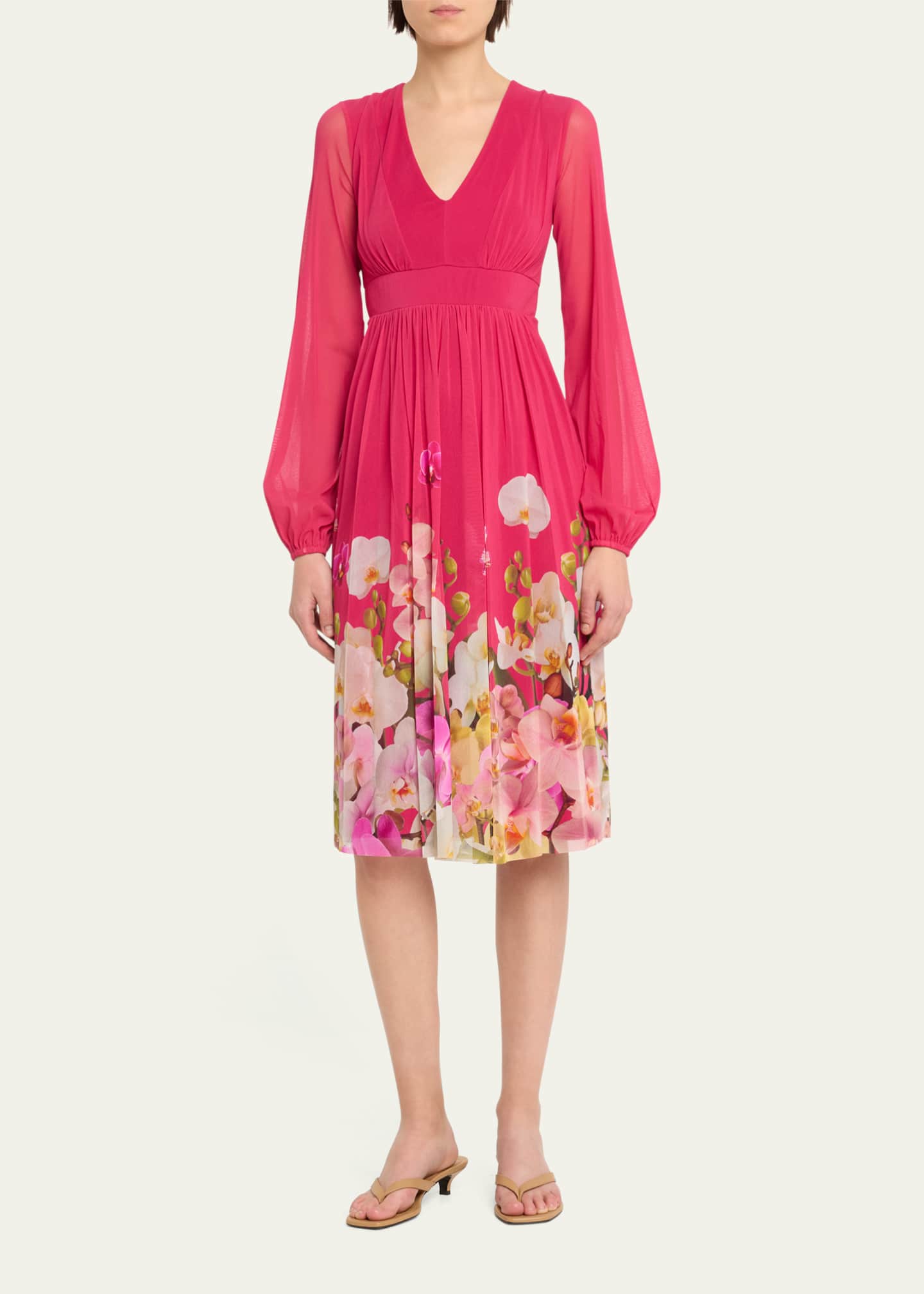 Fuzzi Blouson-Sleeve Floral-Print Tulle Midi Dress - Bergdorf Goodman