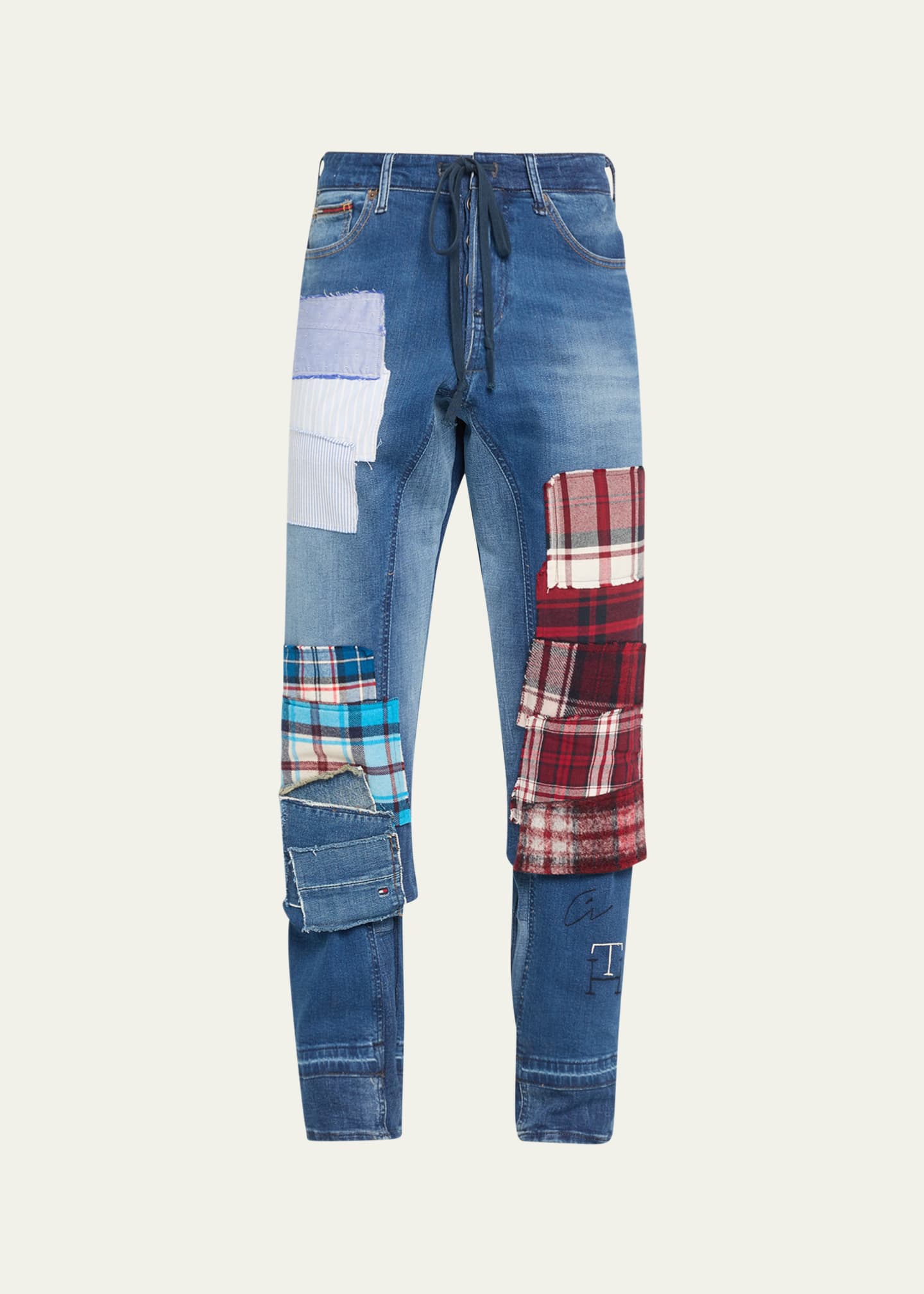 GREG LAUREN x TOMMY HILFIGER Men's 34 Denim Lounge Pants with Plaid Patches