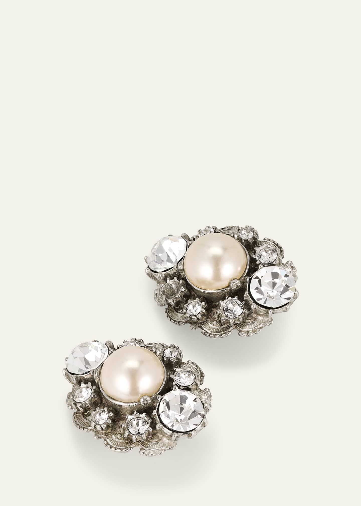 Ben-Amun Silver Crystal Oval Clip On Earrings with Pearly Center Image 3 of 4