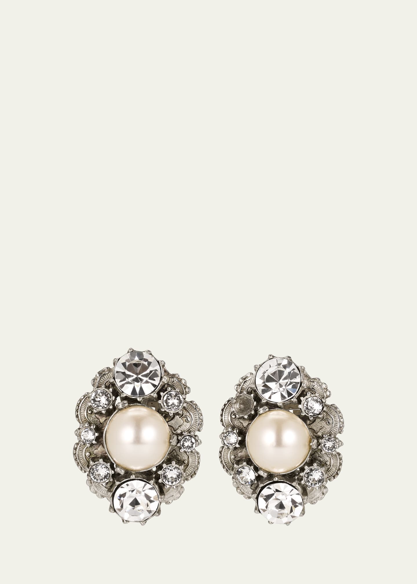 Ben-Amun Silver Crystal Oval Clip On Earrings with Pearly Center Image 1 of 4
