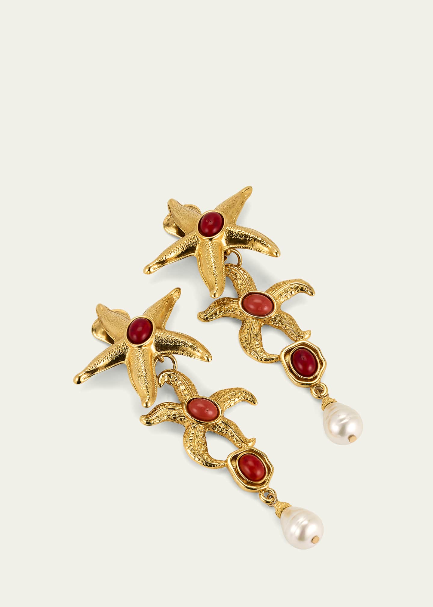 Ben-Amun Starfish Clip On Earrings with Pearly Drops and Coral Stones Image 3 of 4