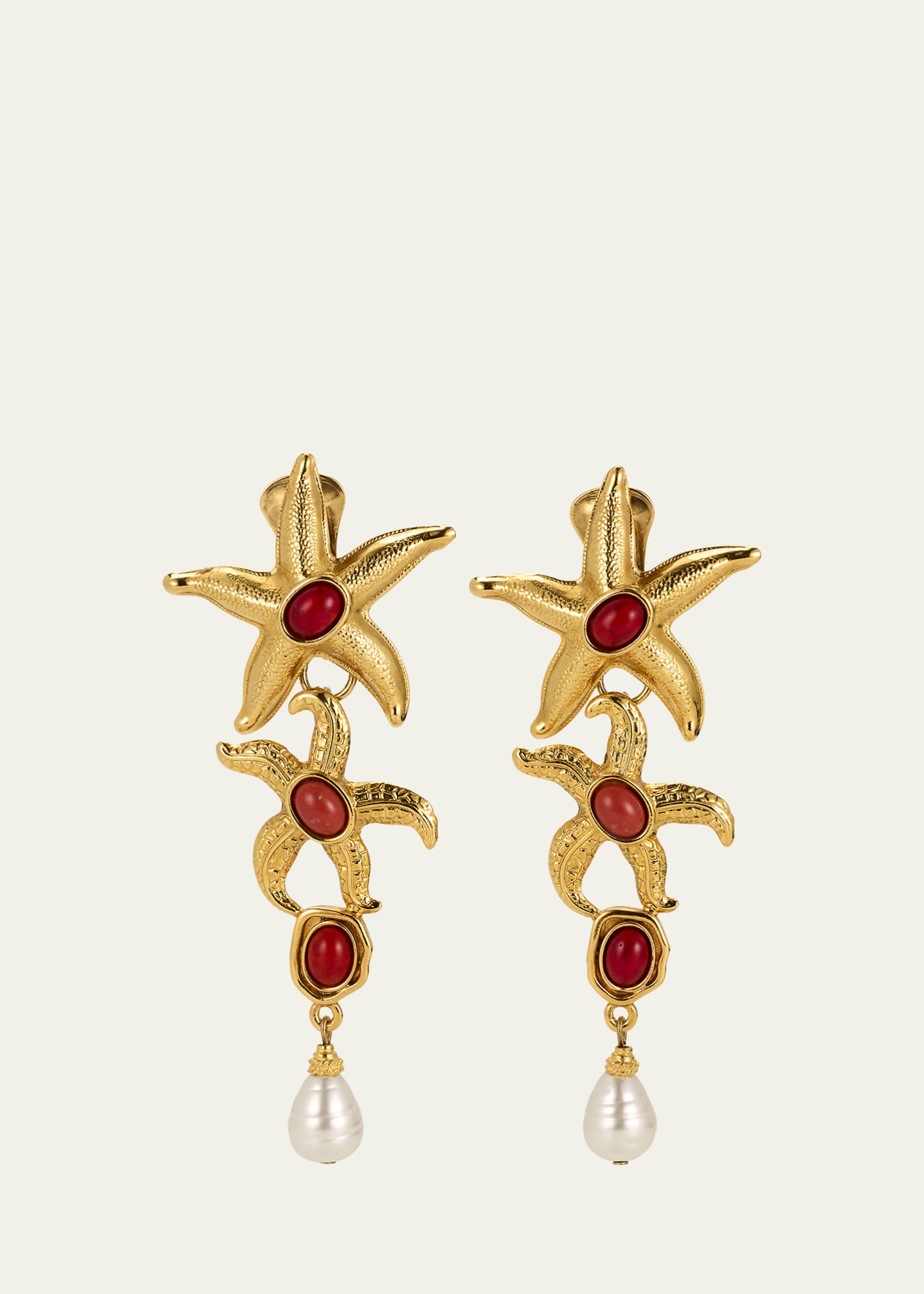 Ben Amun Starfish Clip On Earrings with Pearly Drops and Coral Stones Bergdorf Goodman