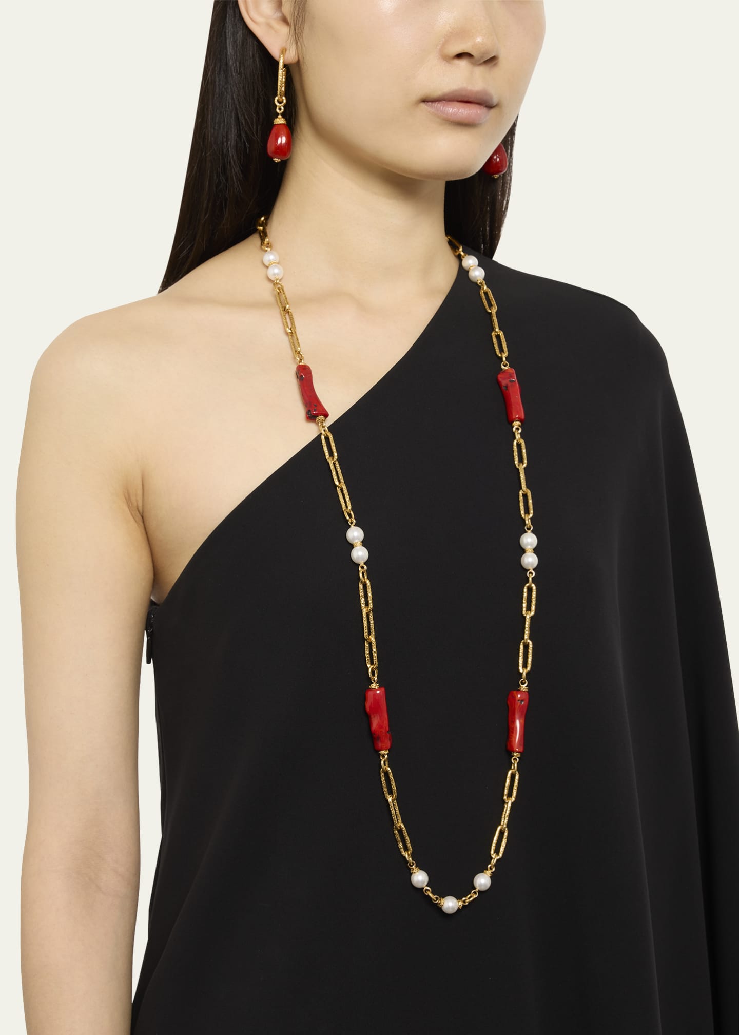 Ben-Amun Long Chain Necklace with Coral Stones and Pearly Beads Image 2 of 4