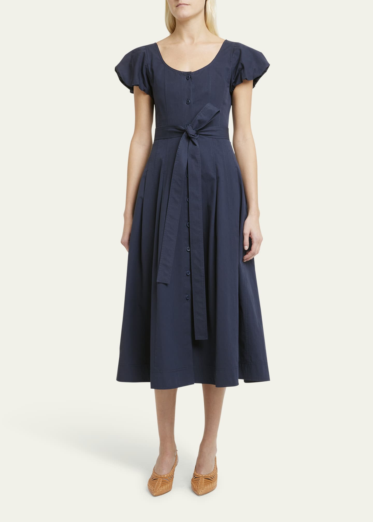 Ulla Johnson Rhea Puff-Sleeve Belted Midi Poplin Dress - Bergdorf Goodman