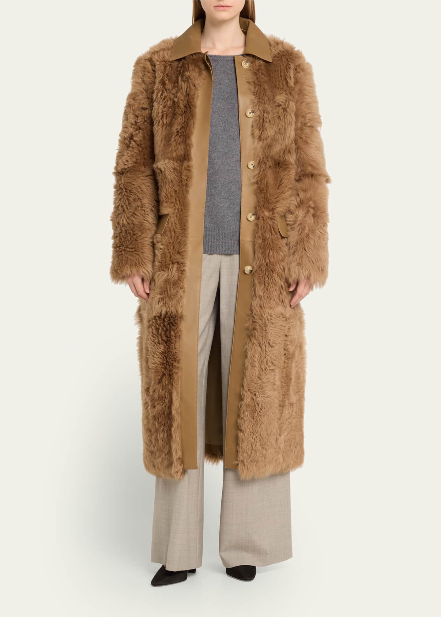 Toteme Curly Shearling Coat with Leather Trim Bergdorf Goodman