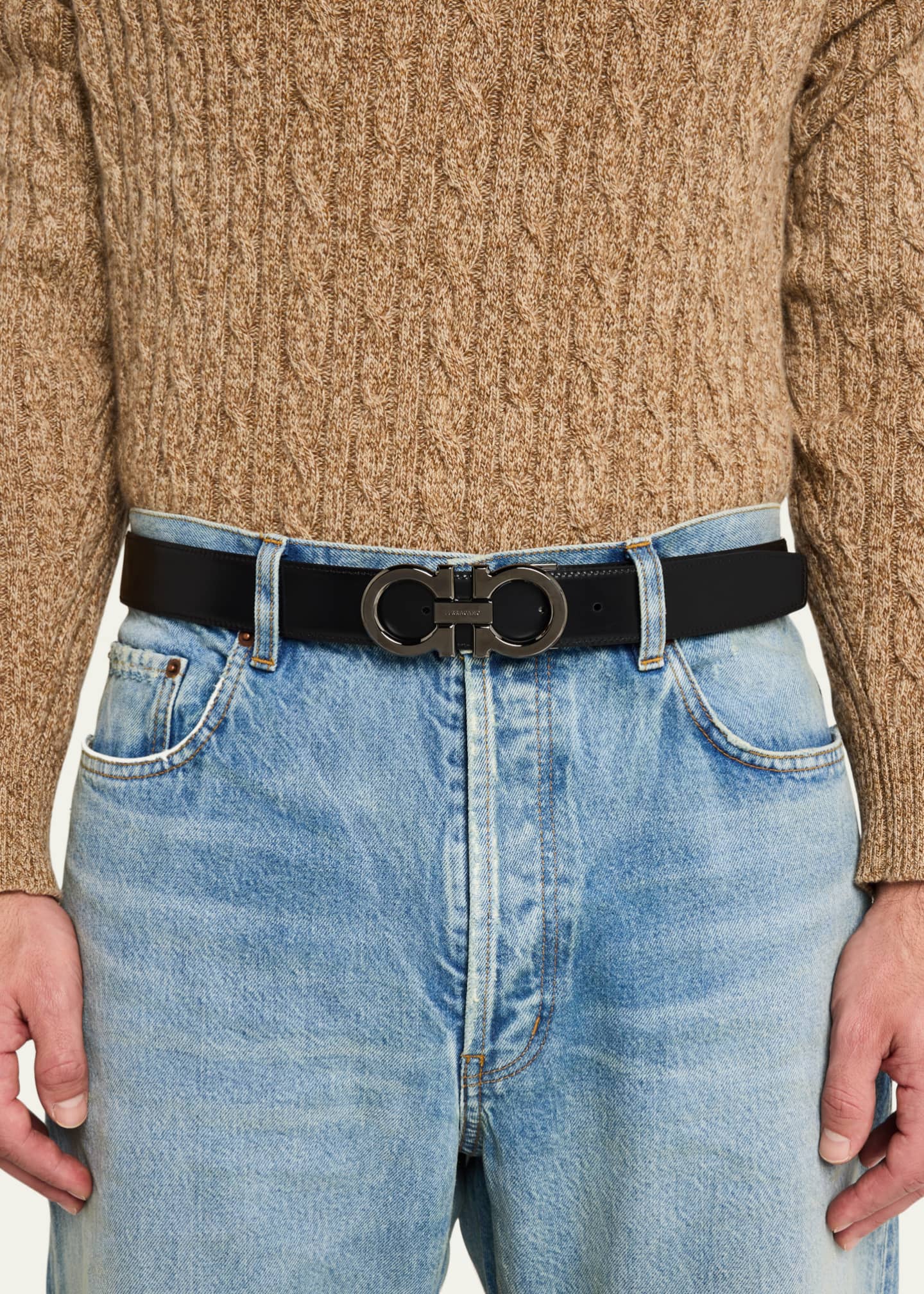 Ferragamo Men's Double Adjustable Leather Gancini Belt Image 2 of 2