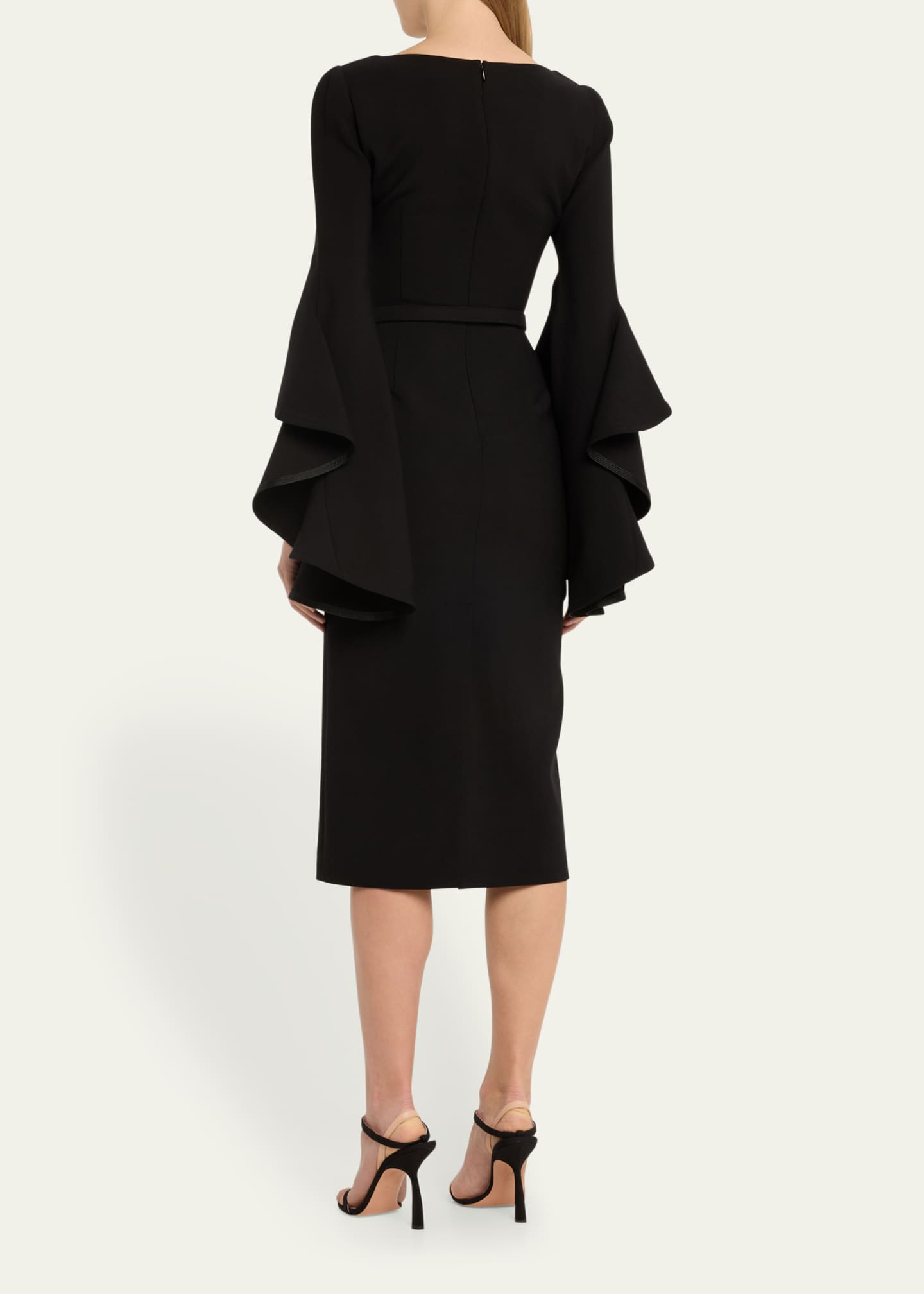 Oscar de la Renta Scoop-Neck Ruffle 3/4-Sleeve Belted Crepe Midi Dress